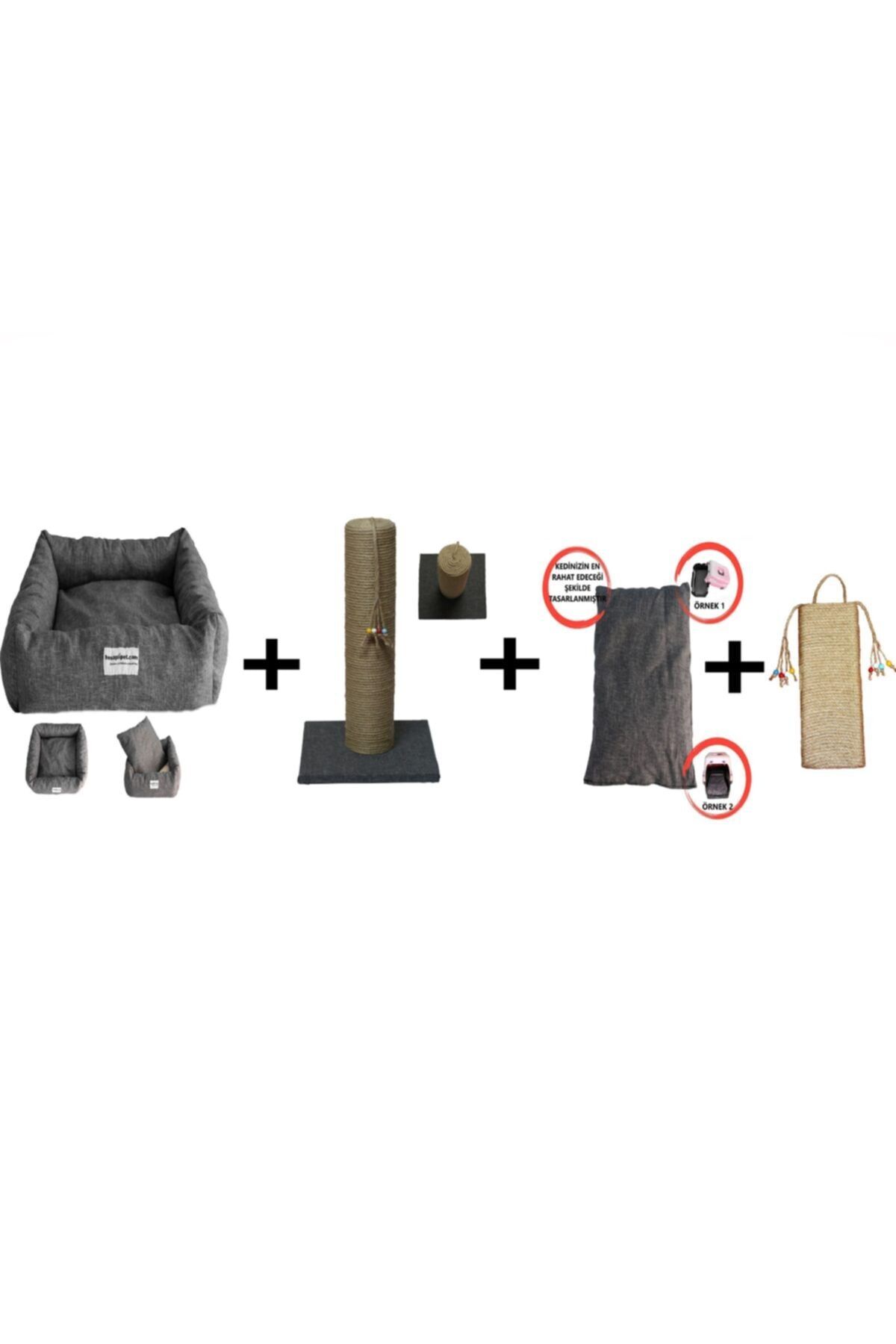 Hesaplı Pet Kedi Yatağı + Kedi Tırmalaması + Box Minderi + 2 Fonksiyonlu 10x30 Mini Kedi Tırmalaması 4lü Set