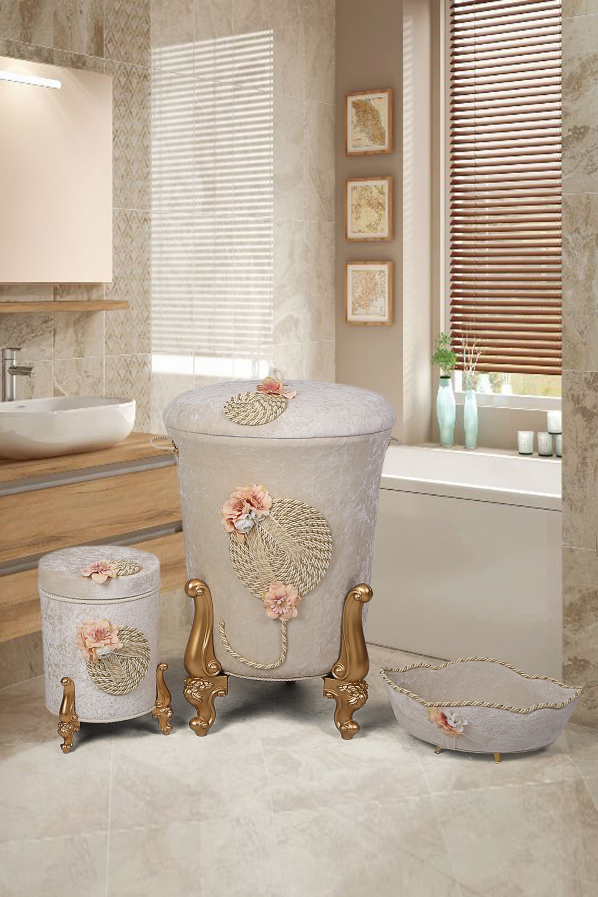 Bonny Home Matmazel Vizon Kadife Banyo Seti Kirli Çamaşır Sepeti Takımı 3'lü