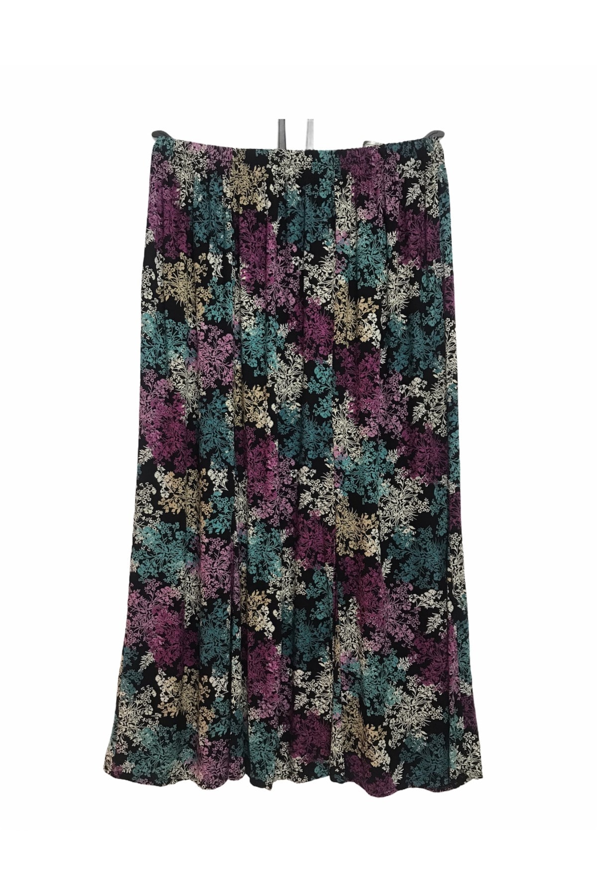 SAVCIGİYİM Kadın Siyah Çiçek Desenli Lastikli Etek