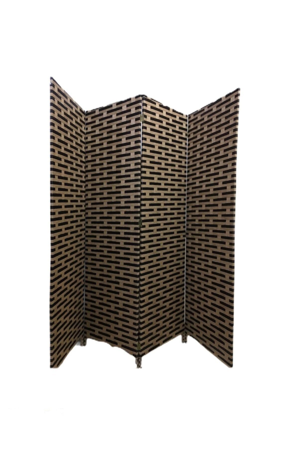 SİRİUS Siyah Dört Kanatlı Dekoratif Hasır Örme Paravan 200x180 cm