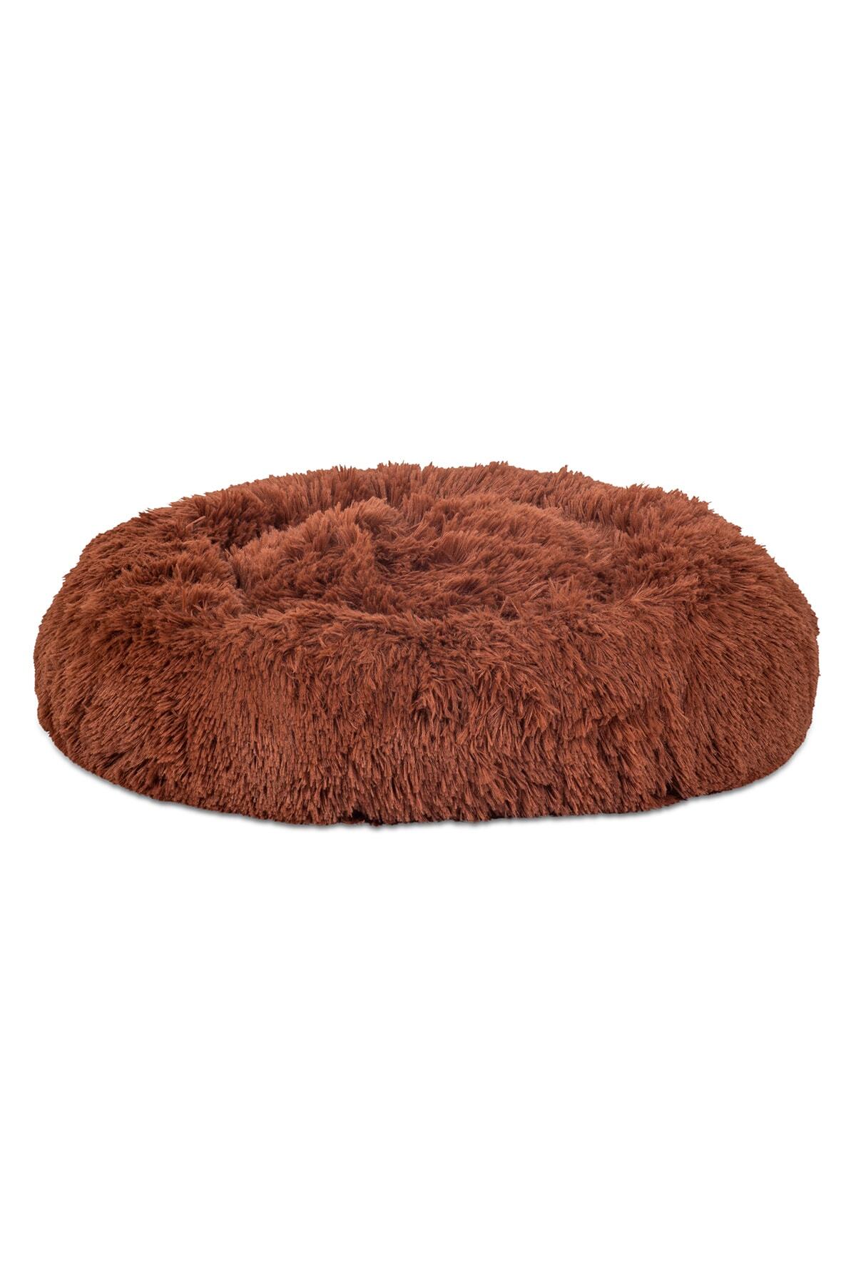 SLEEPMAX Lux Yuvarlak Dekoratif Yıkanabilir Kaymaz Tabanlı Stres Giderici Tarçın Peluş Kedi Yatağı