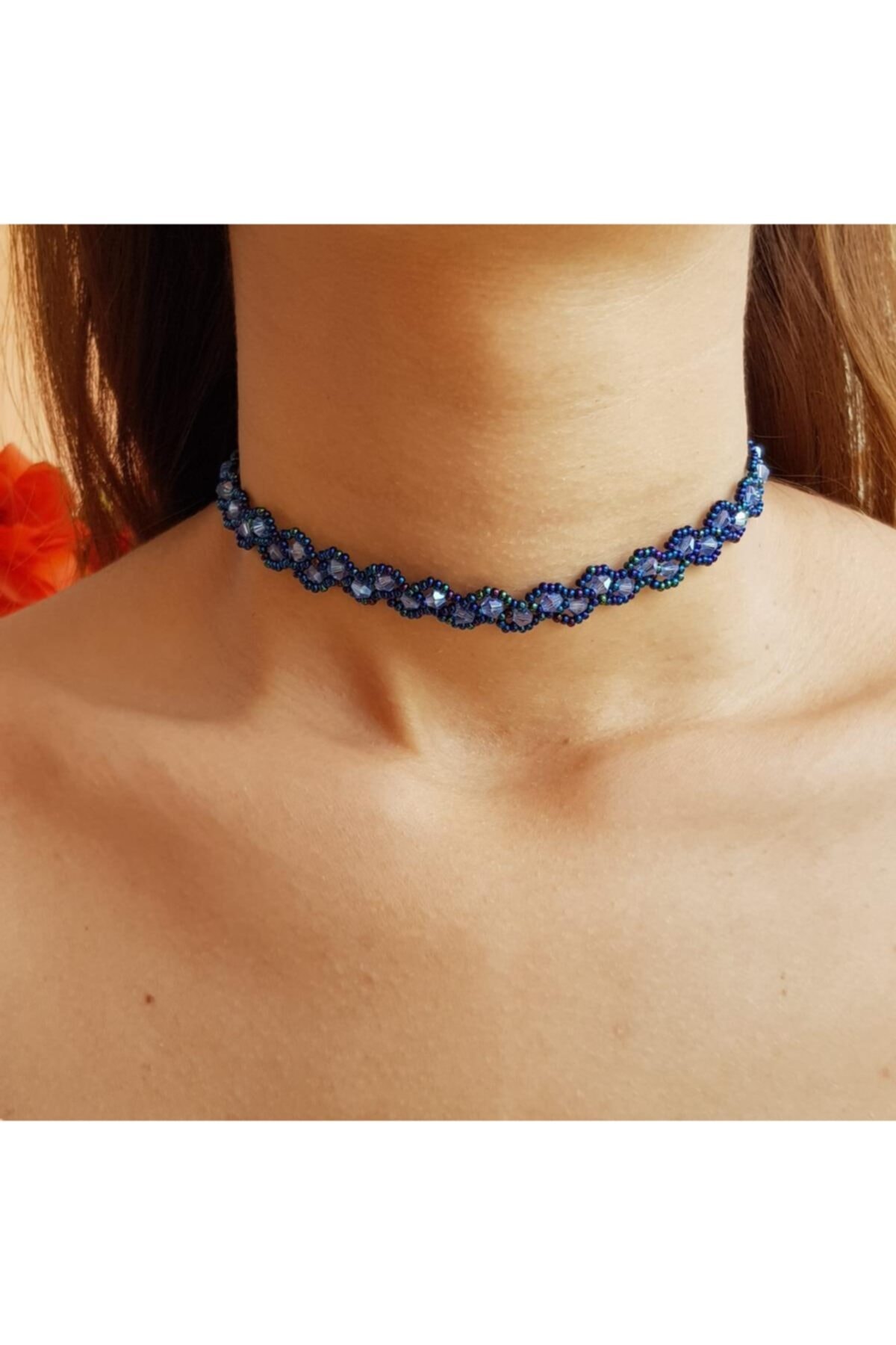 Handmade By HLY Kadın Antik Mavi Kristal Taş Detaylı Choker Kolye