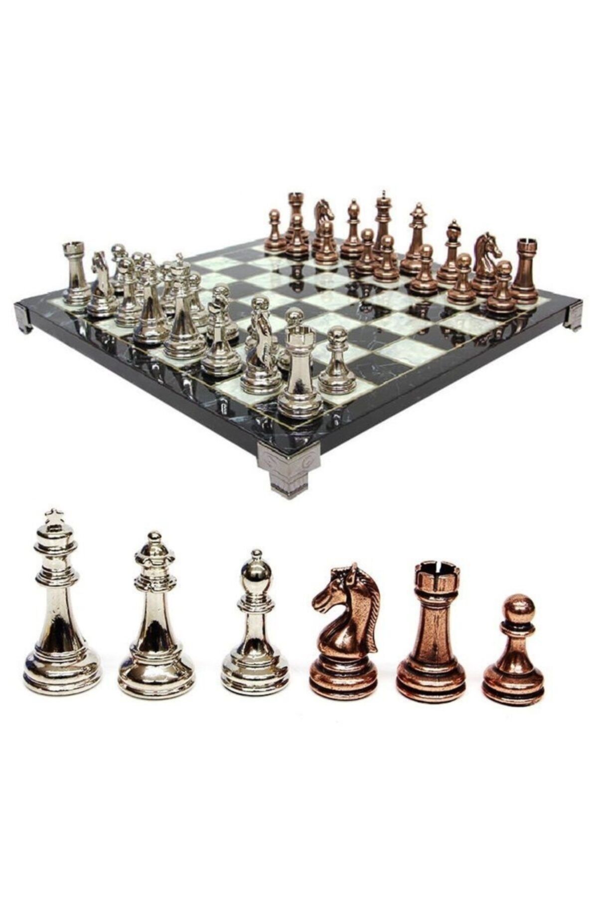 ehobim Klasik Figür Metal Taşlı Satranç Seti Ahşap 33cm
