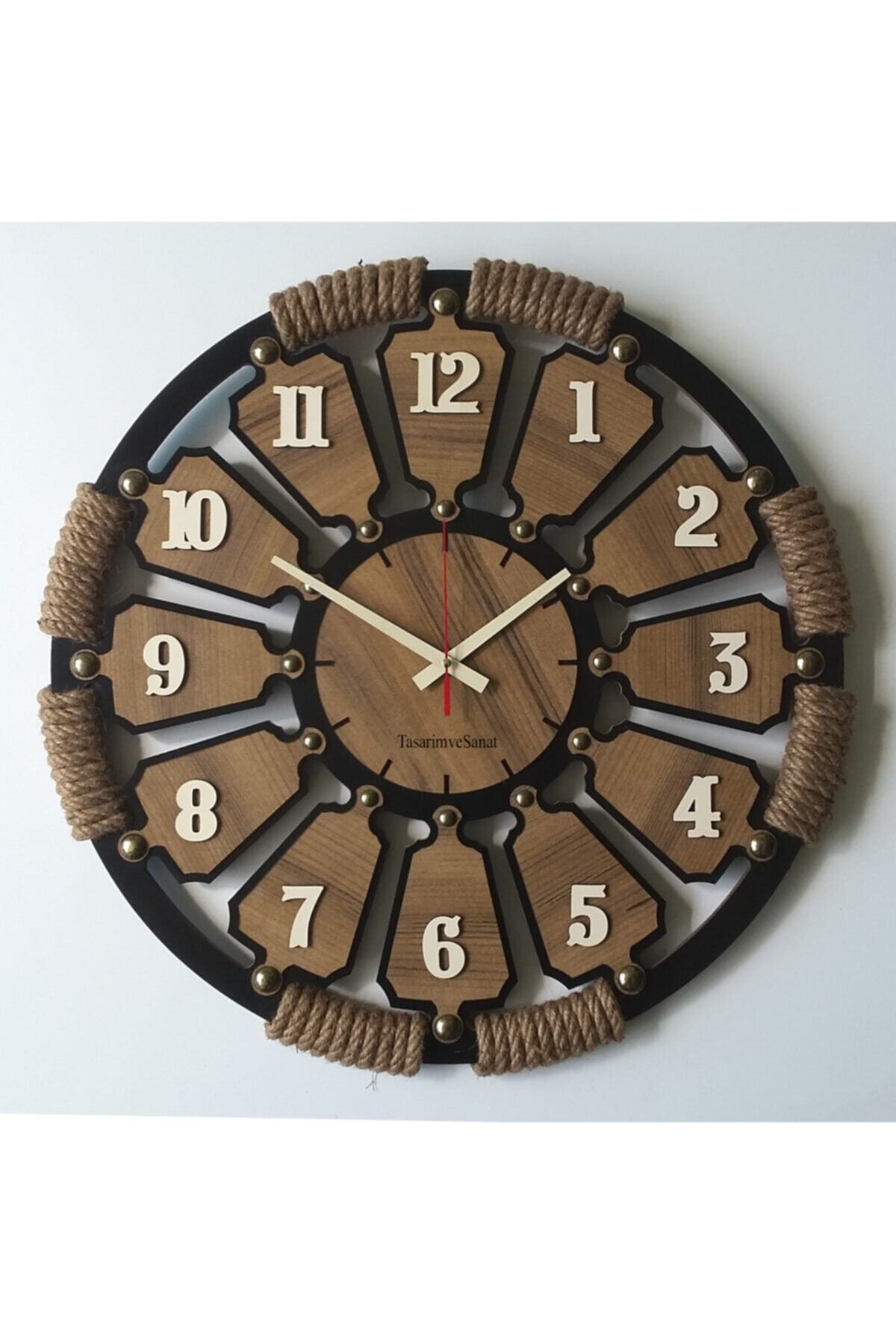 D&A Halatlı Dekoratif Ahşap Duvar Saati 50 Cm Siyah Kahve 3011