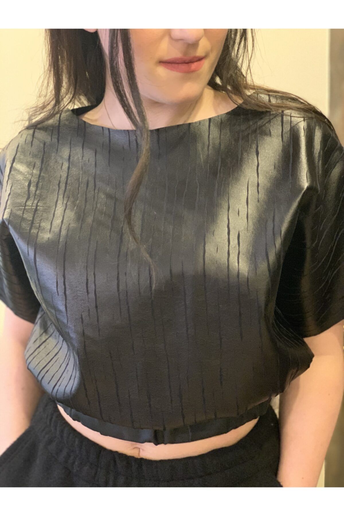 Nev Collection Siyah Deri Spor Kadın Crop