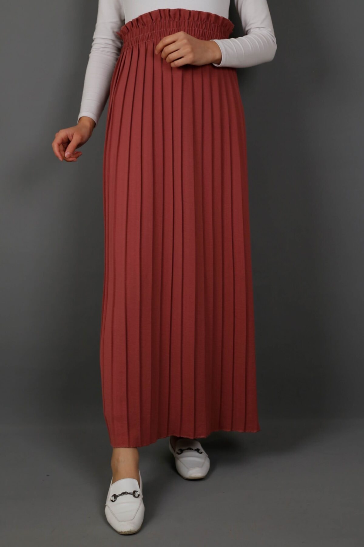 İmajButik Yüksekbel Pliseli Etek- Pudra