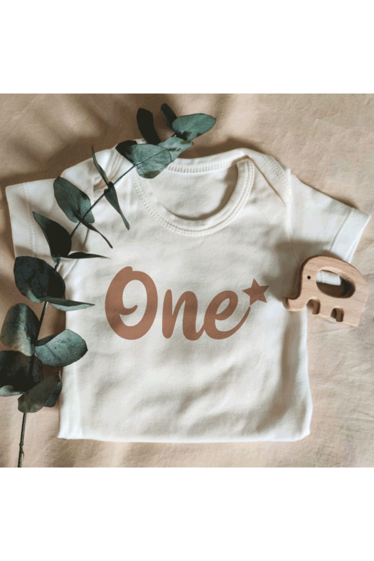 Limon Unisex Bebek Beyaz Yıldızlı One Yazılı Kısa Kol Organik Body