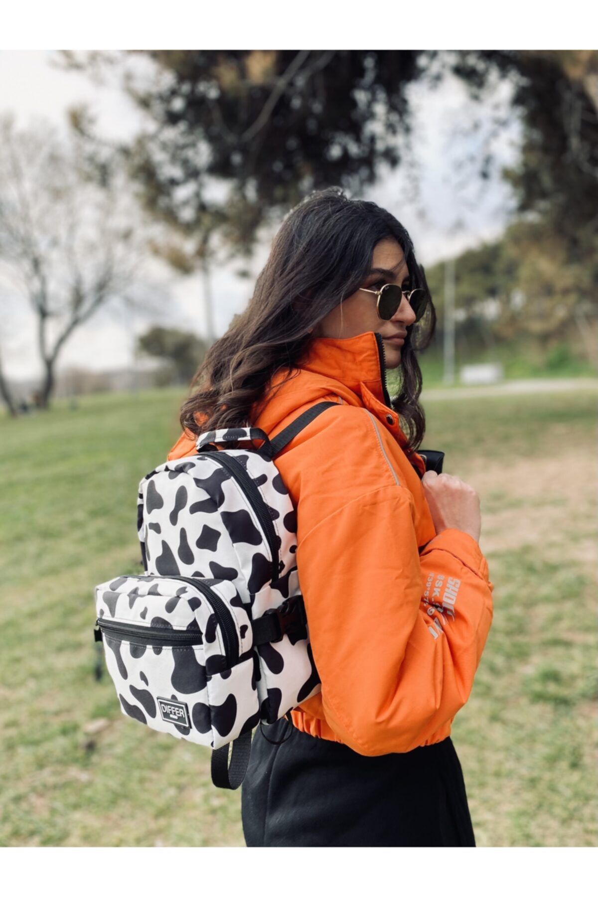 Differ Inek Desenli Mini Sırt Ve Bel/omuz Çantası, 2'li Takım, Su Geçirmez Kumaş, Günlük Kullanım