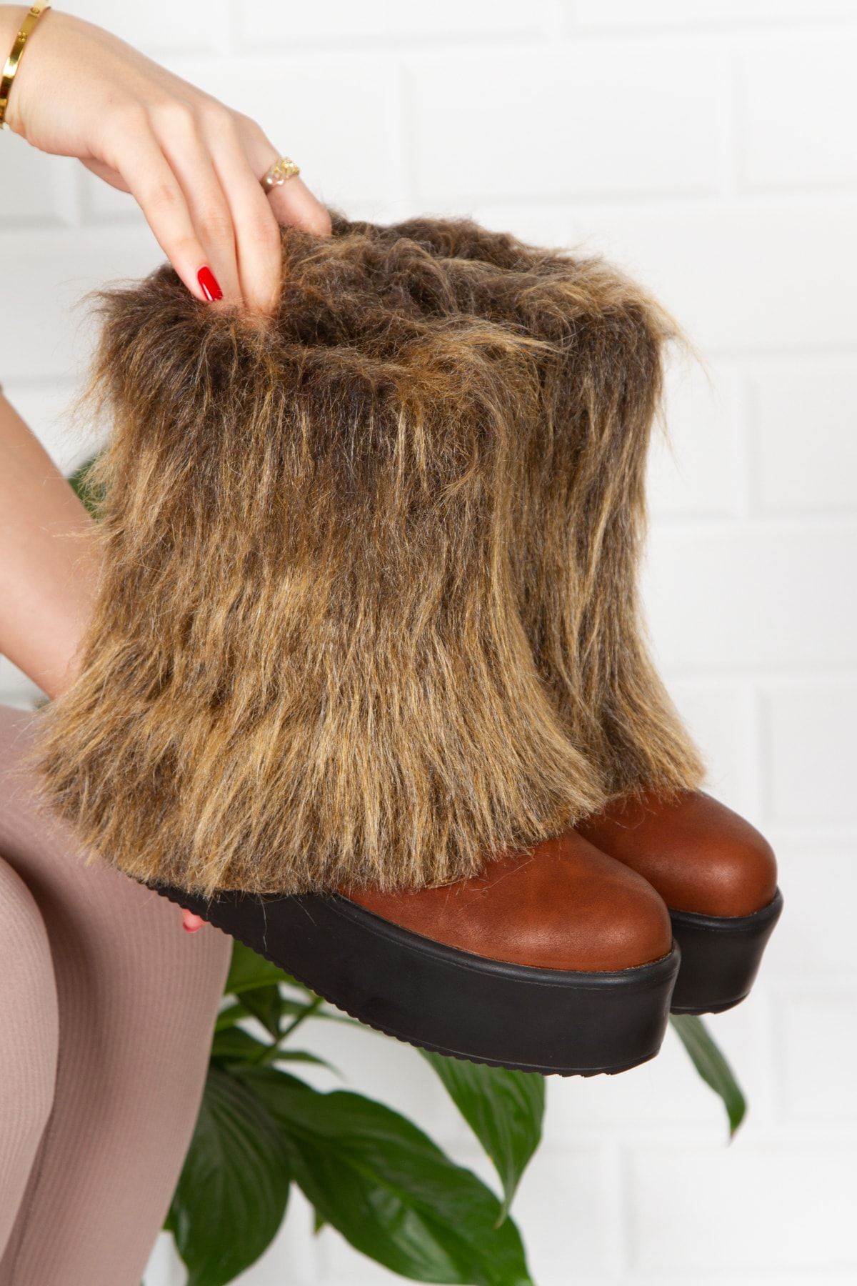 Prestij High Sole Furry Brown Women s Boots Trendyol