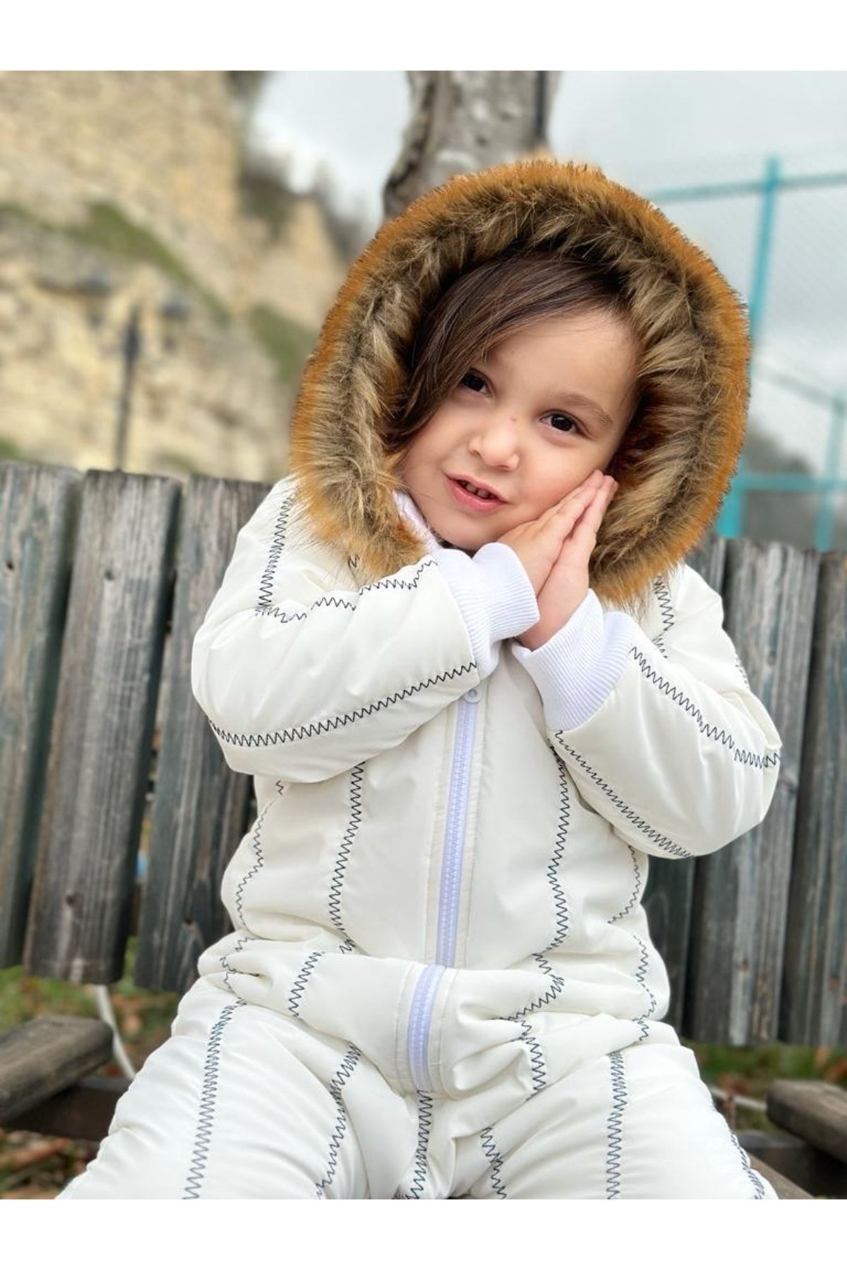 Ares Kids Fashion Hooded Unisex Snowsuit with Fur Yata Detail