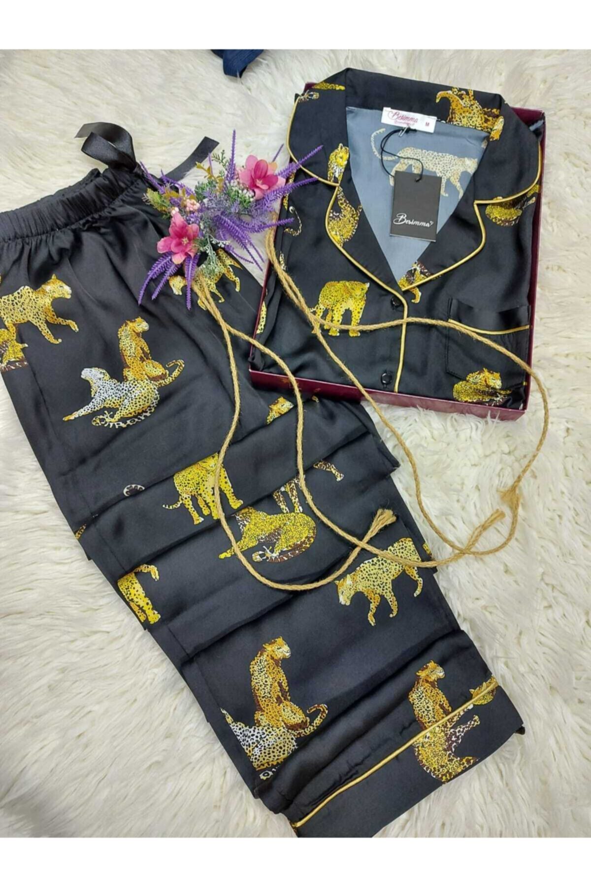BESİMMA Siyah Kaplan Desenli Uzun Kollu Ipek Saten Pijama Takımı