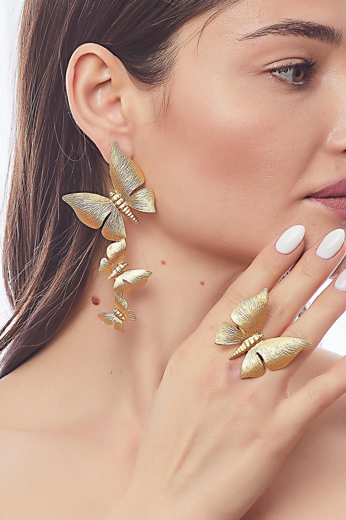 ZeyDor Accessories Sarı Tasarım Kelebek Küpe Set