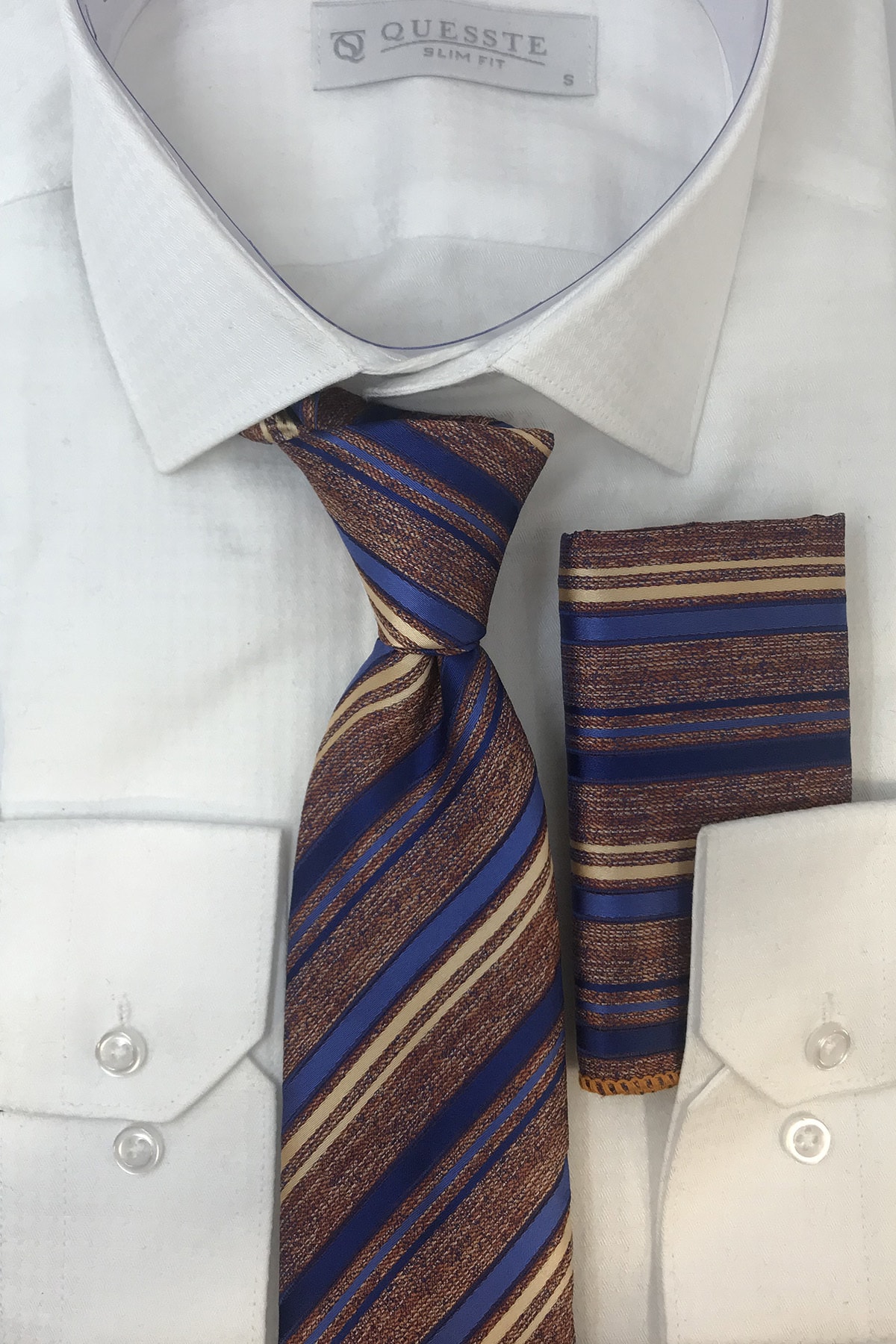 Quesste Accessory Erkek Kiremit Mavi Bej Çizgili Desenli Kravat Mendil Kutulu Set