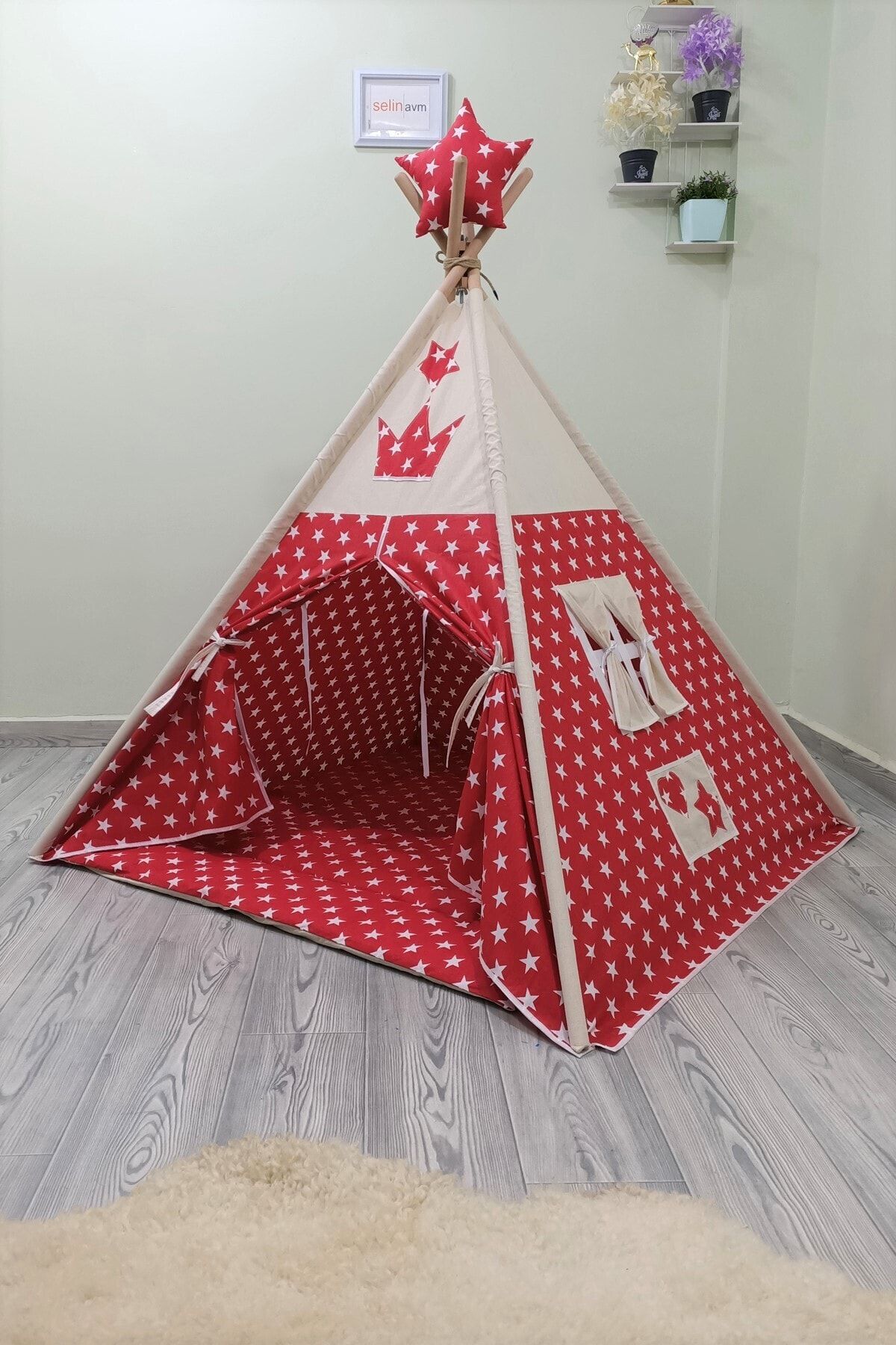 Henna Prime Sabitlenebilir Çocuk Oyun Çadırı Kırmızı Beyaz Yıldızlı