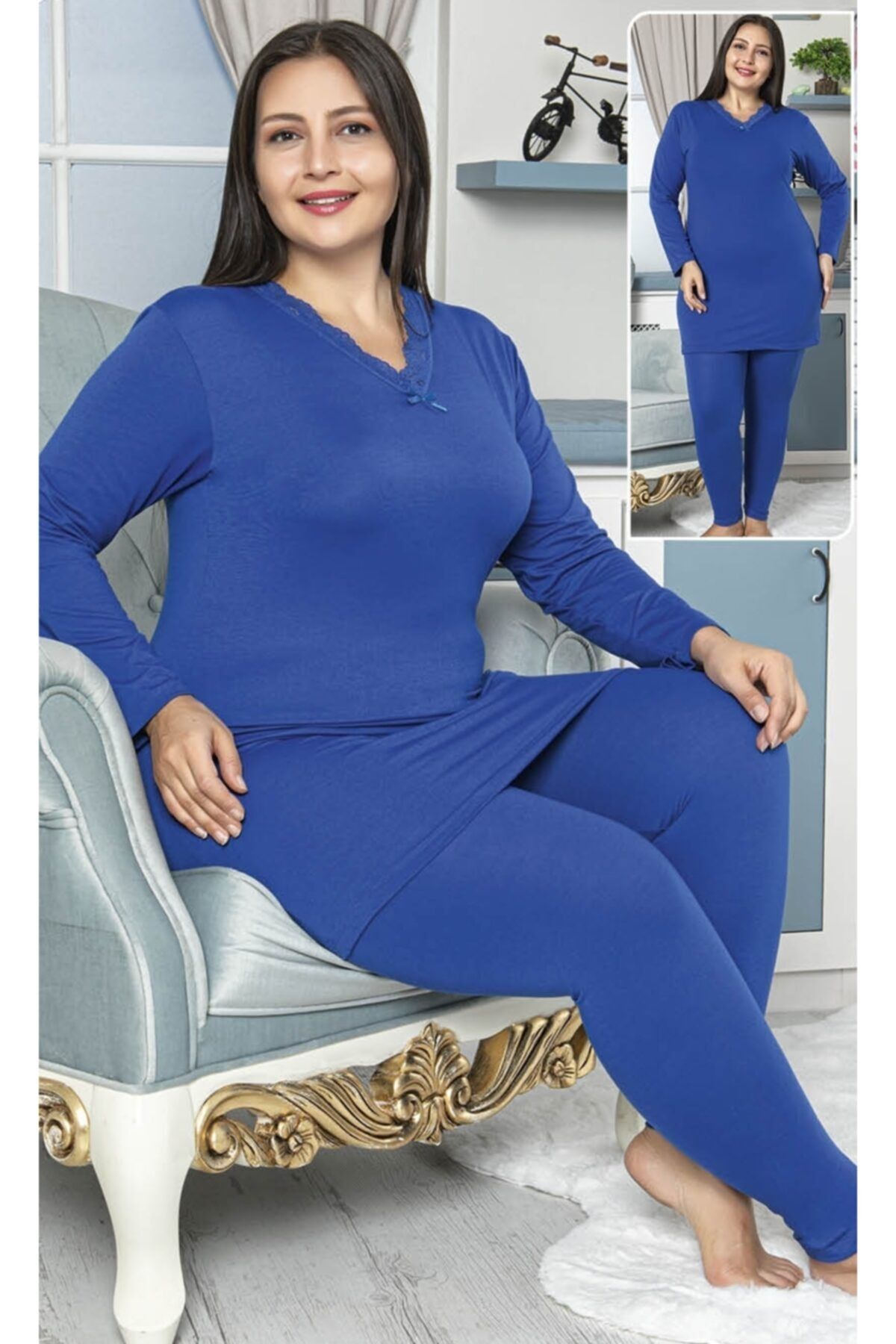 JENİKA Kadın Lacivert Büyük Beden Tunik Tayt Pijama Takım