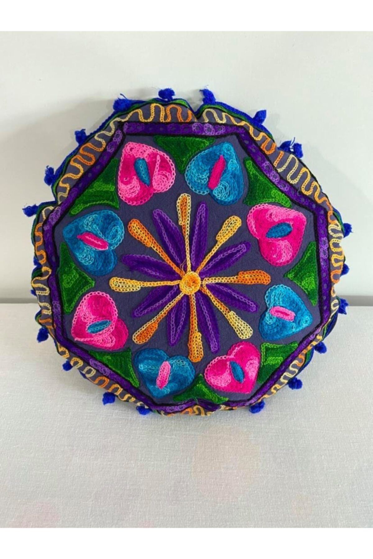 Mrmemo Patchwork Bohem Yuvarlak Kırlent Kılıfı Lacivert