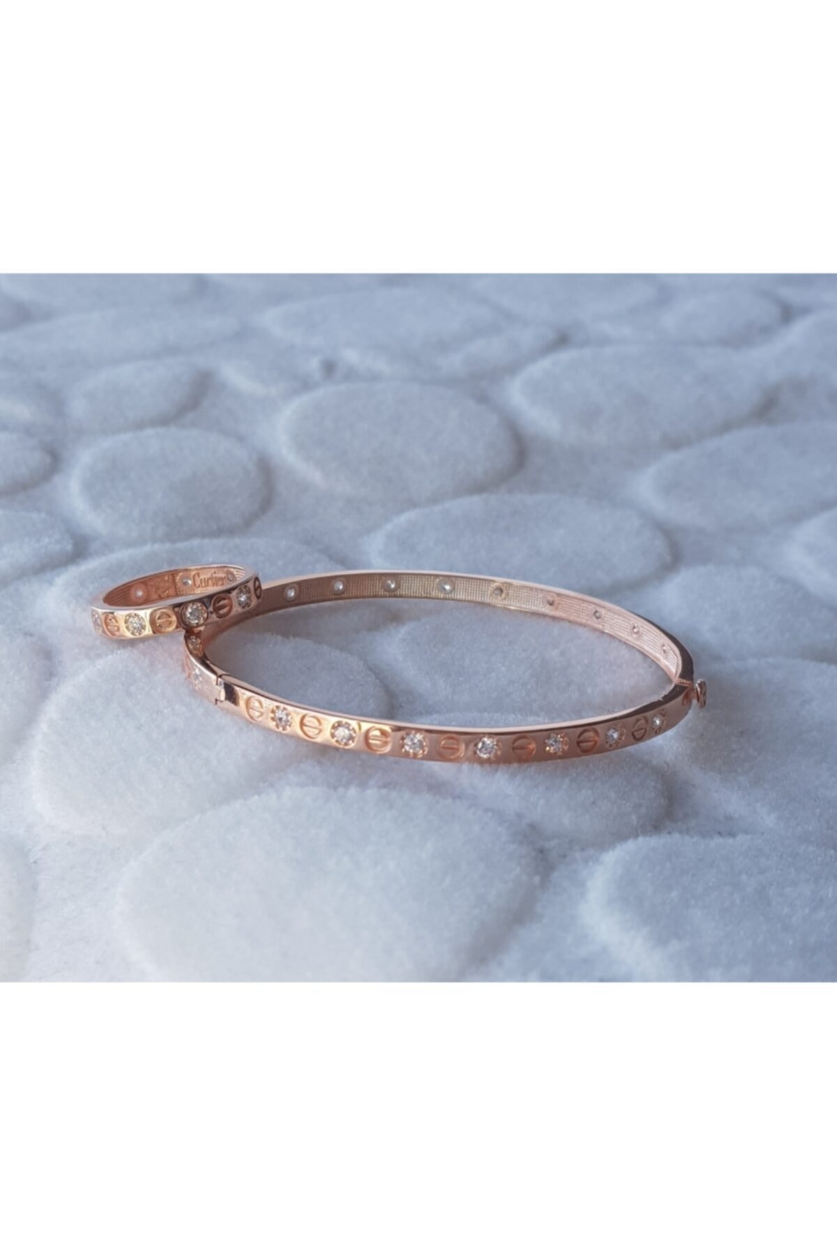 Canka Taşlı Cartier Gümüş Kelepçe ve Yüzük Takım