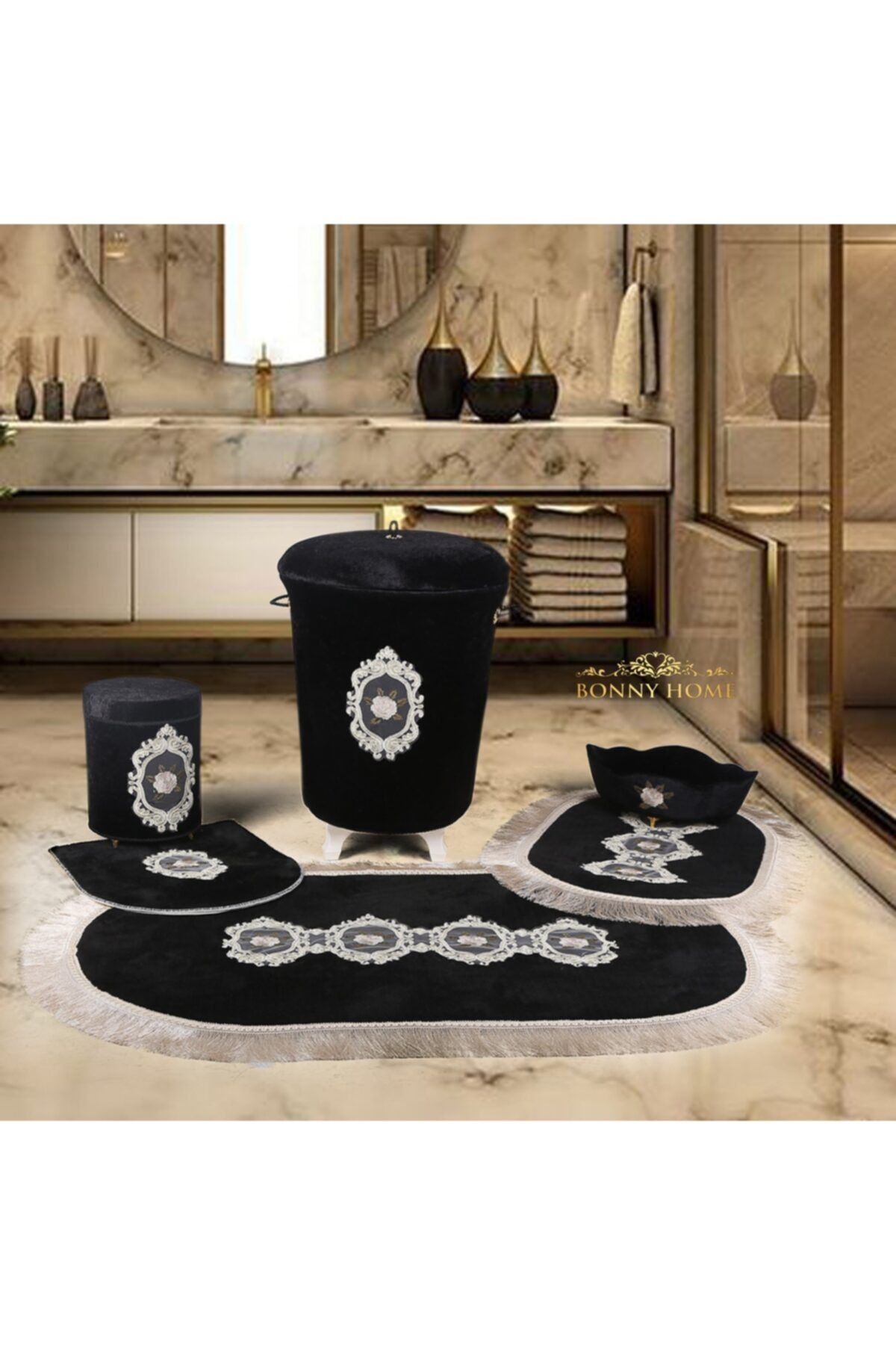 Bonny Home Shems Siyah 6 Parça Fransız Dantelli Banyo Kirli Çamaşır Sepeti Ve Klozet Takımı