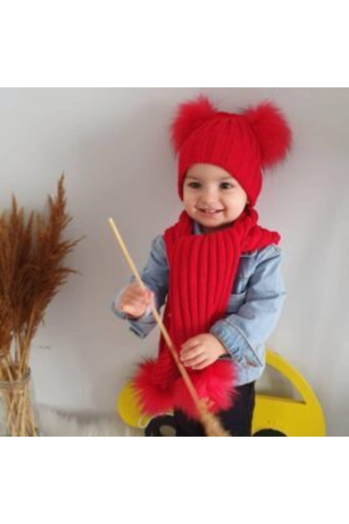 VOSVOSBABY Kırmızı Ponpon Atkı Bere Takım