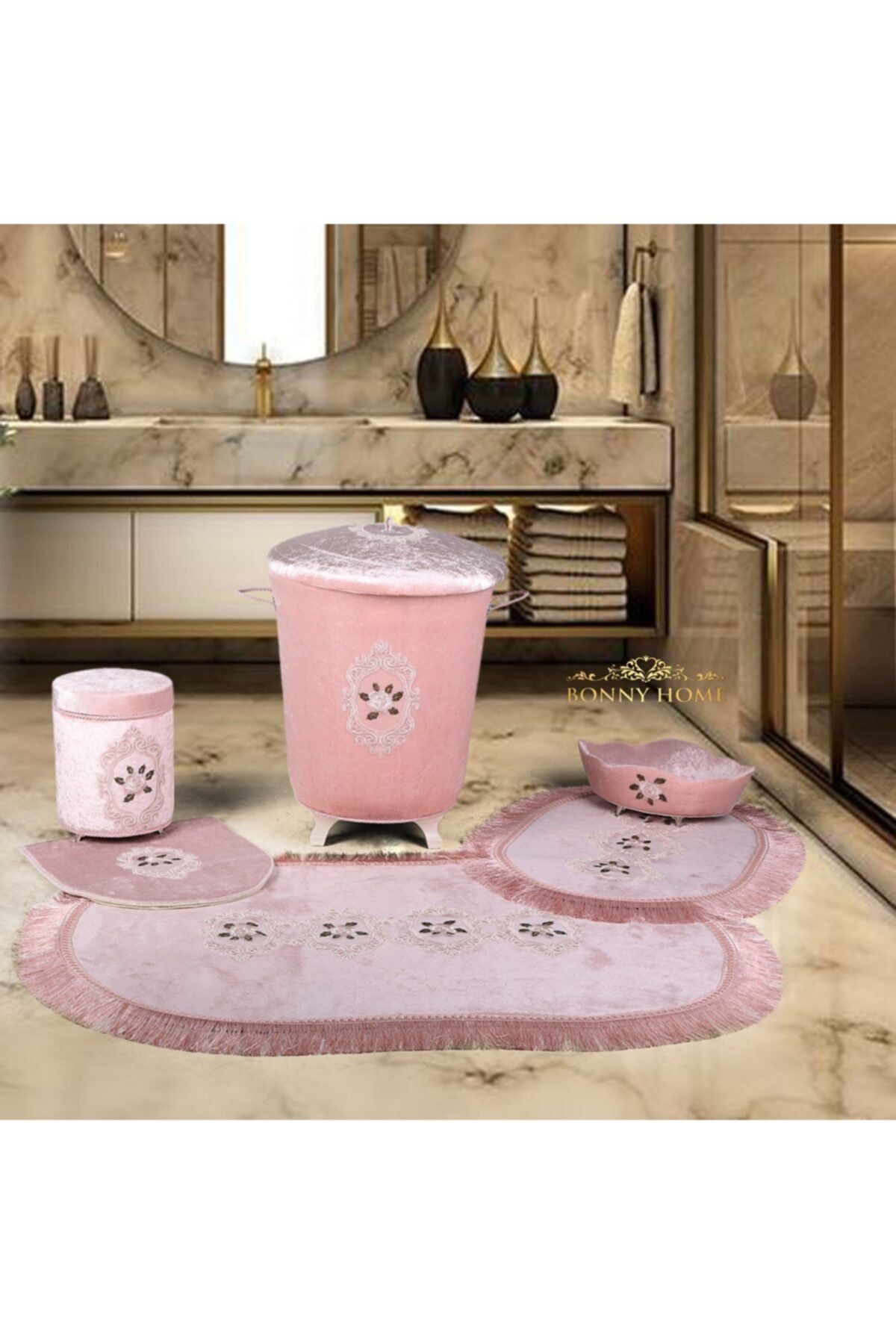 Bonny Home Shems Pudra 6 Parça Fransız Dantelli Banyo Kirli Çamaşır Sepeti Ve Klozet Takımı