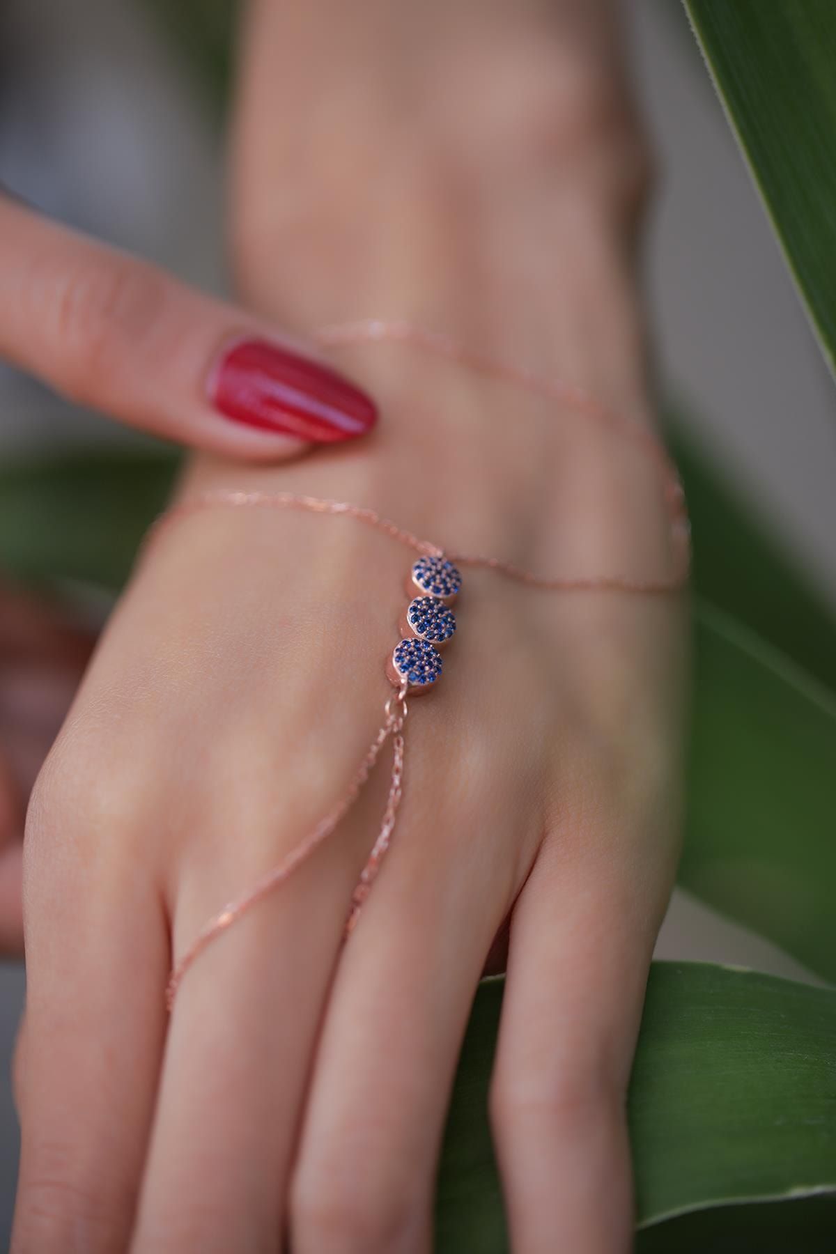 İzla Design Üçlü Yuvarlak Model Safir Taşlı Rose Kaplama Gümüş Şahmeran
