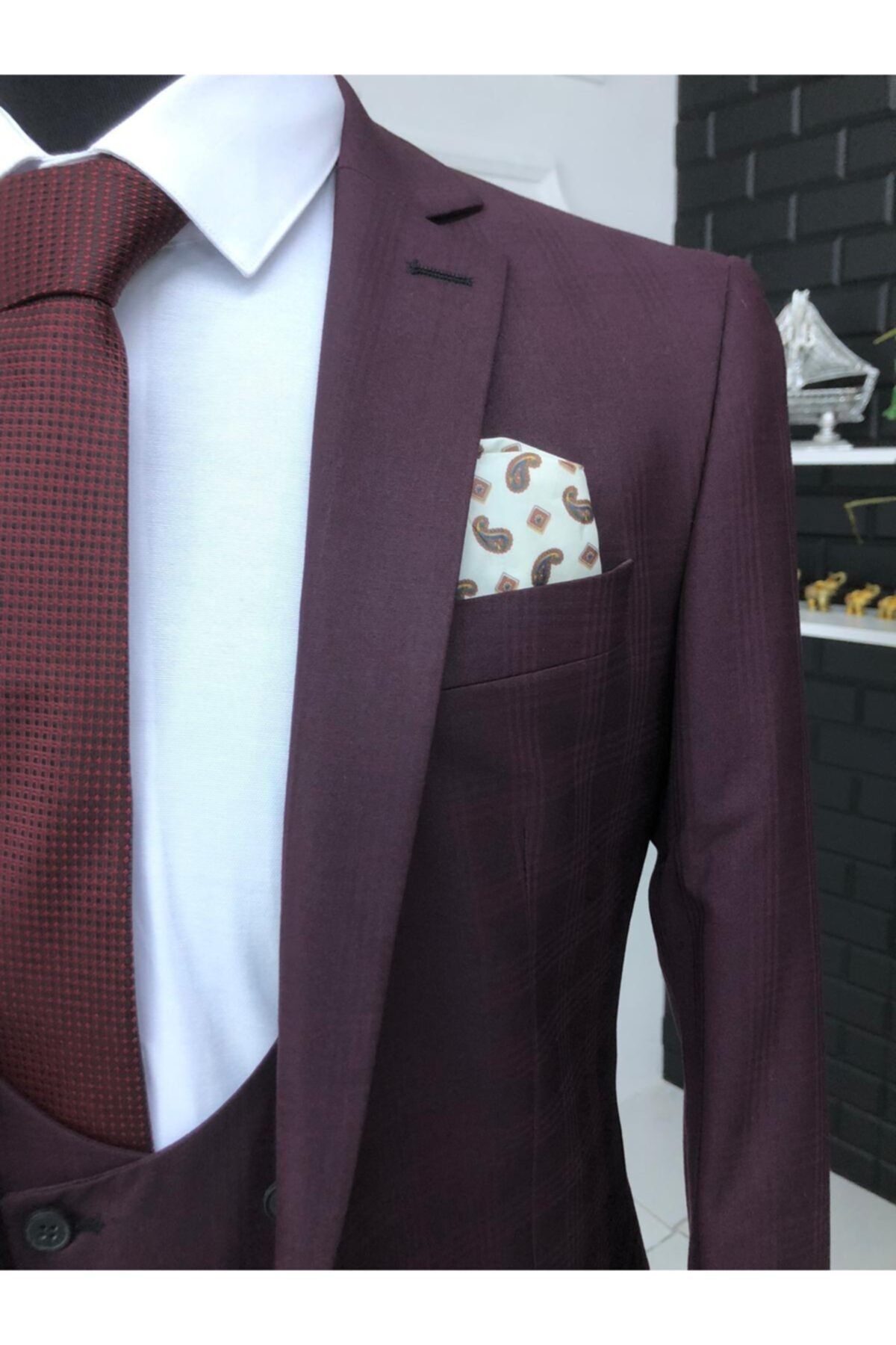 MCA Erkek Bordo Slimfit Yelekli Takım