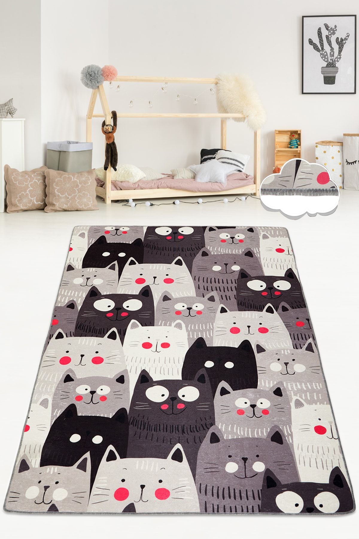 Chilai Home Cats Gri Çocuk Ve Bebek Halısı Yıkanabilir ,kaymaz Taban Leke Tutmaz