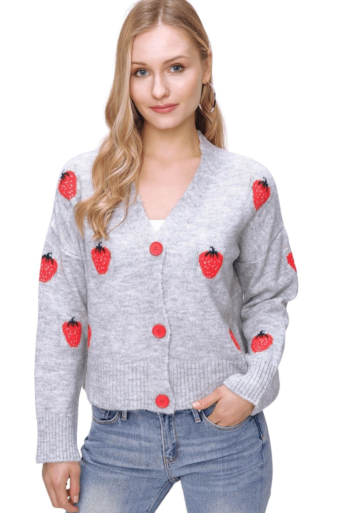 butikburuç Kadın Gri Çilek Desen Hırka