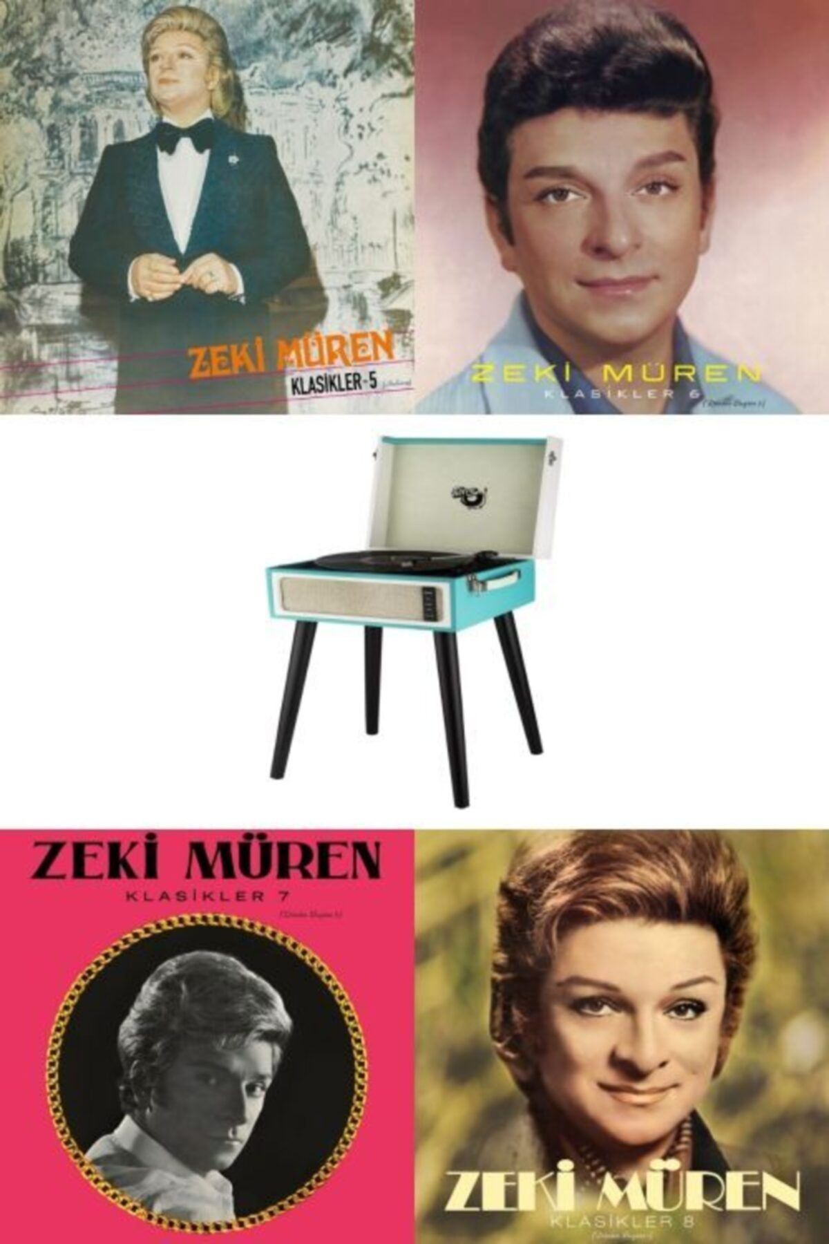 UygunSepet Retro Ayaklı Bluetooth'lu Mavi Pikap Plakçalar / Zeki Müren Klasikler 5-6-7-8 Plak