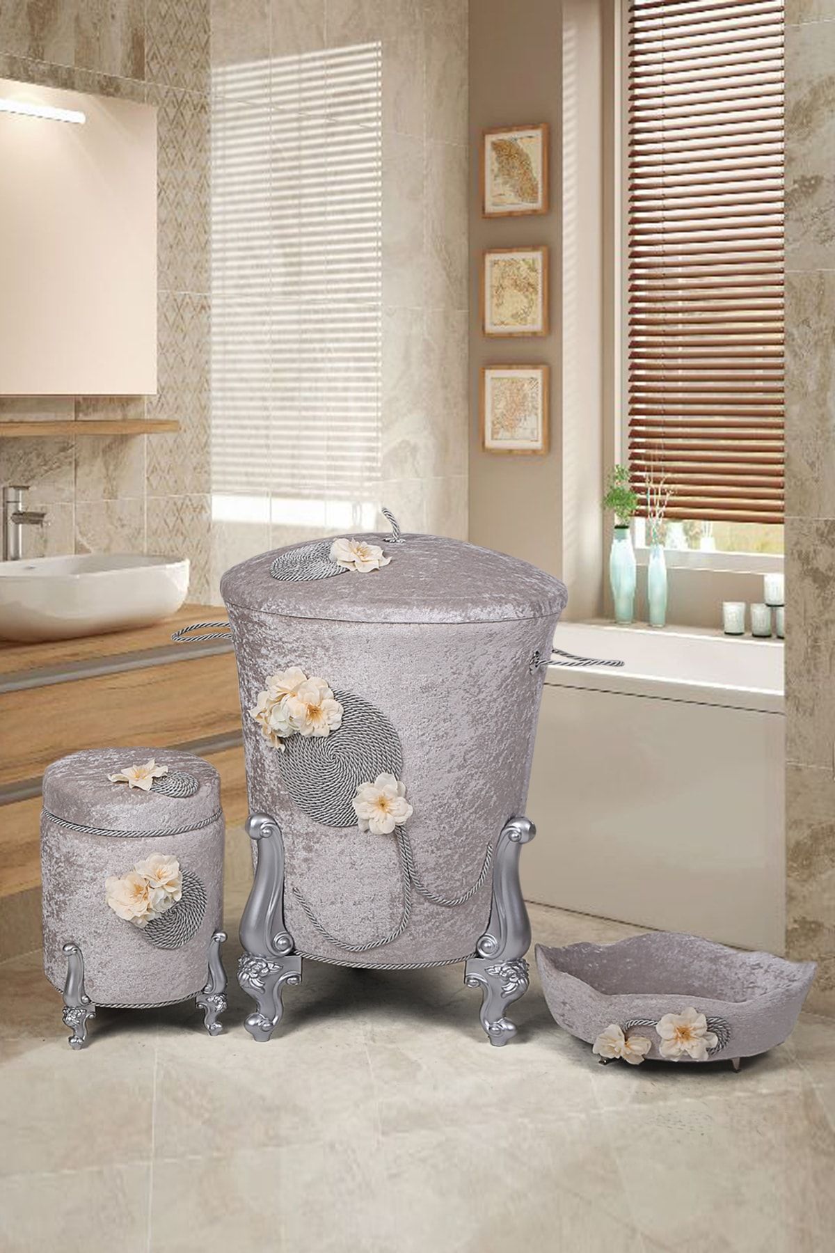 Bonny Home Matmazel Gri 3lü Kadife Banyo Seti Kirli Çamaşır Sepeti Takımı