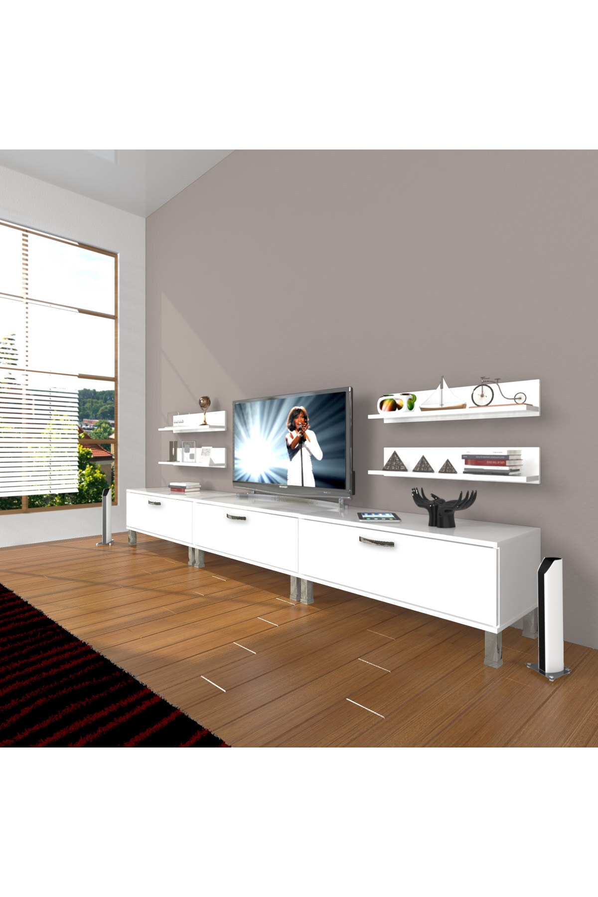 Decoraktiv Eko 270r Slm Krom Ayaklı Tv Ünitesi Tv Sehpası Parlak Beyaz