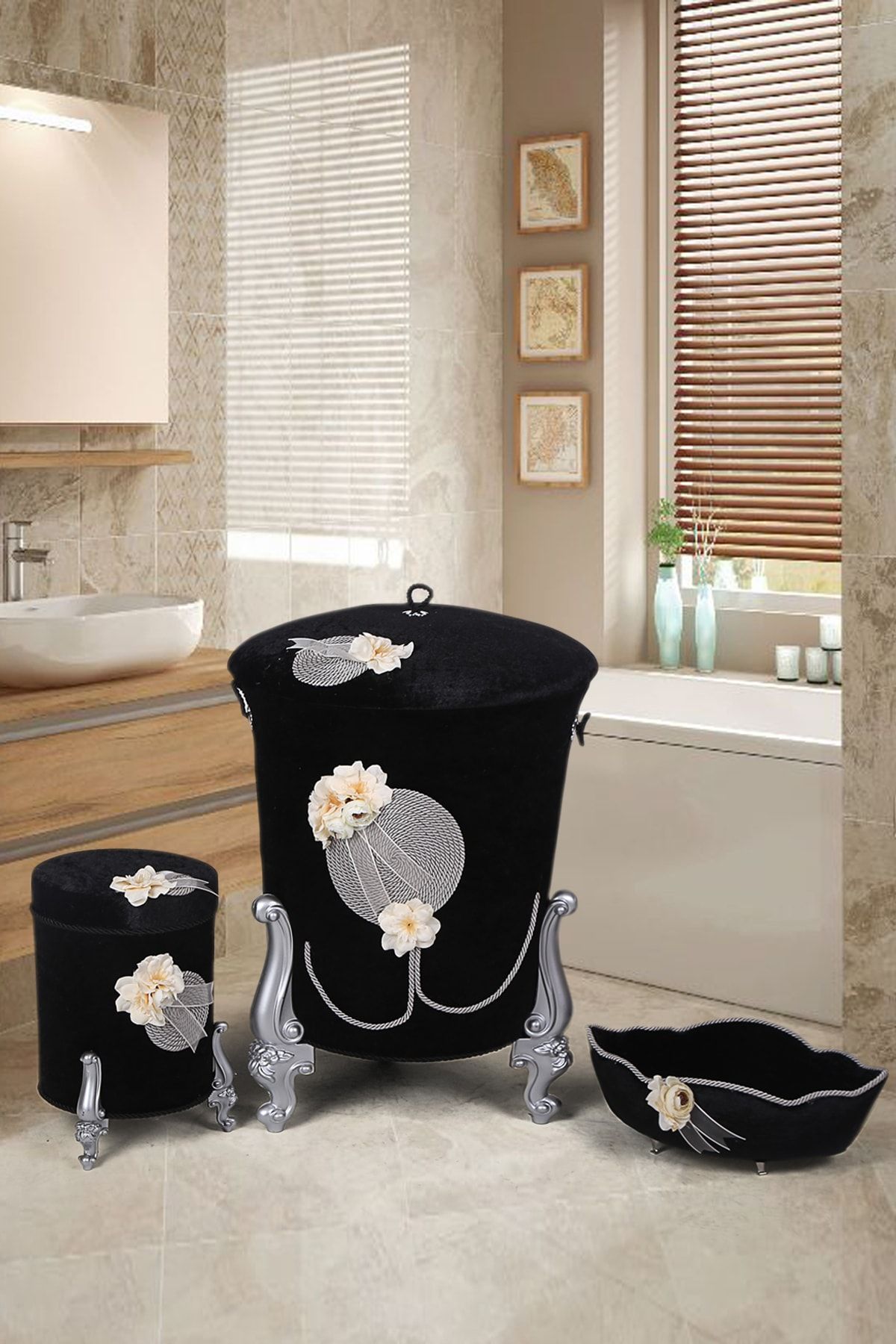 Bonny Home Matmazel Siyah 3lü Kadife Banyo Seti Kirli Çamaşır Sepeti Takımı