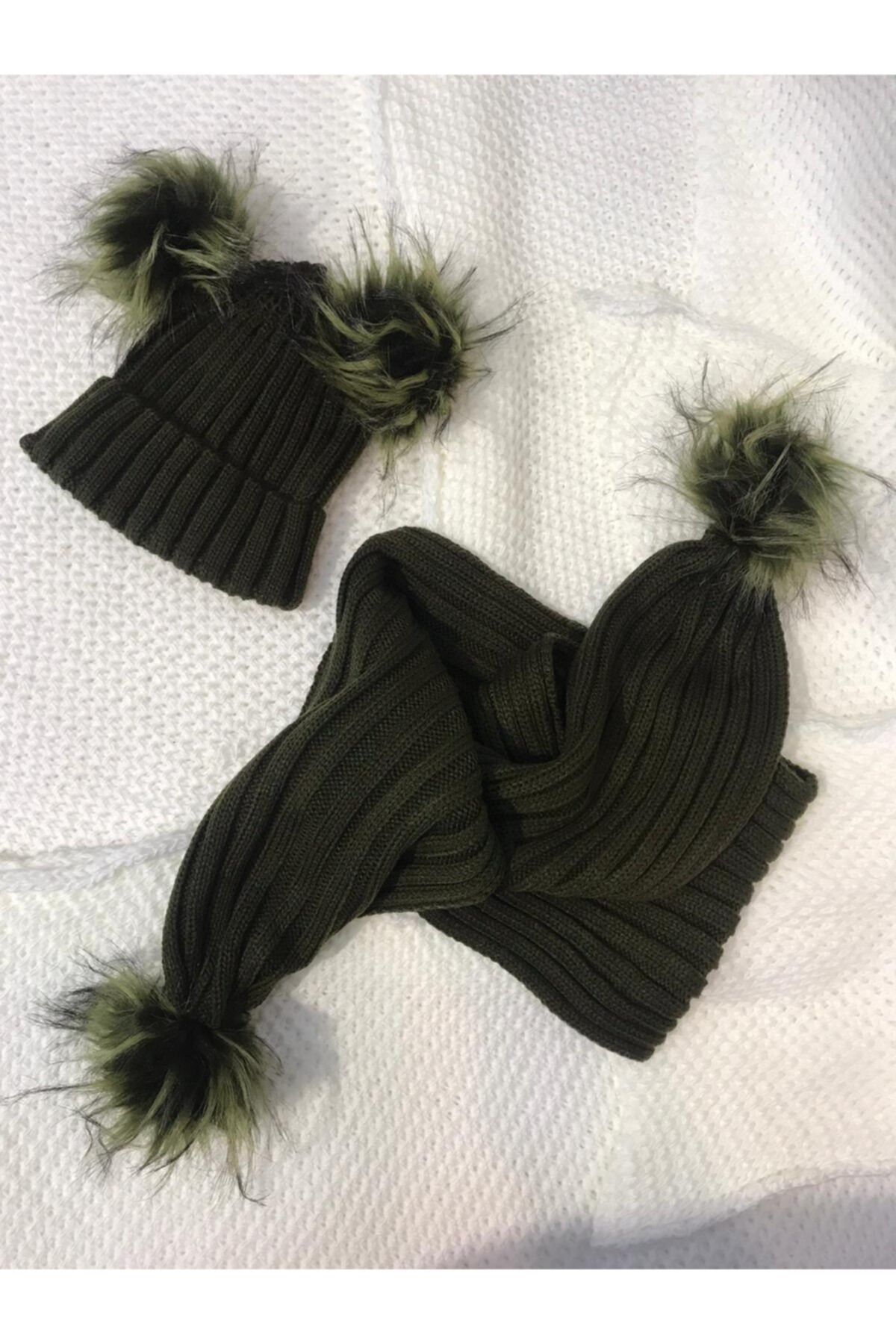 Alle Accessories Kız Çocuk Koyu Yeşil Ponponlu Bere Takımı