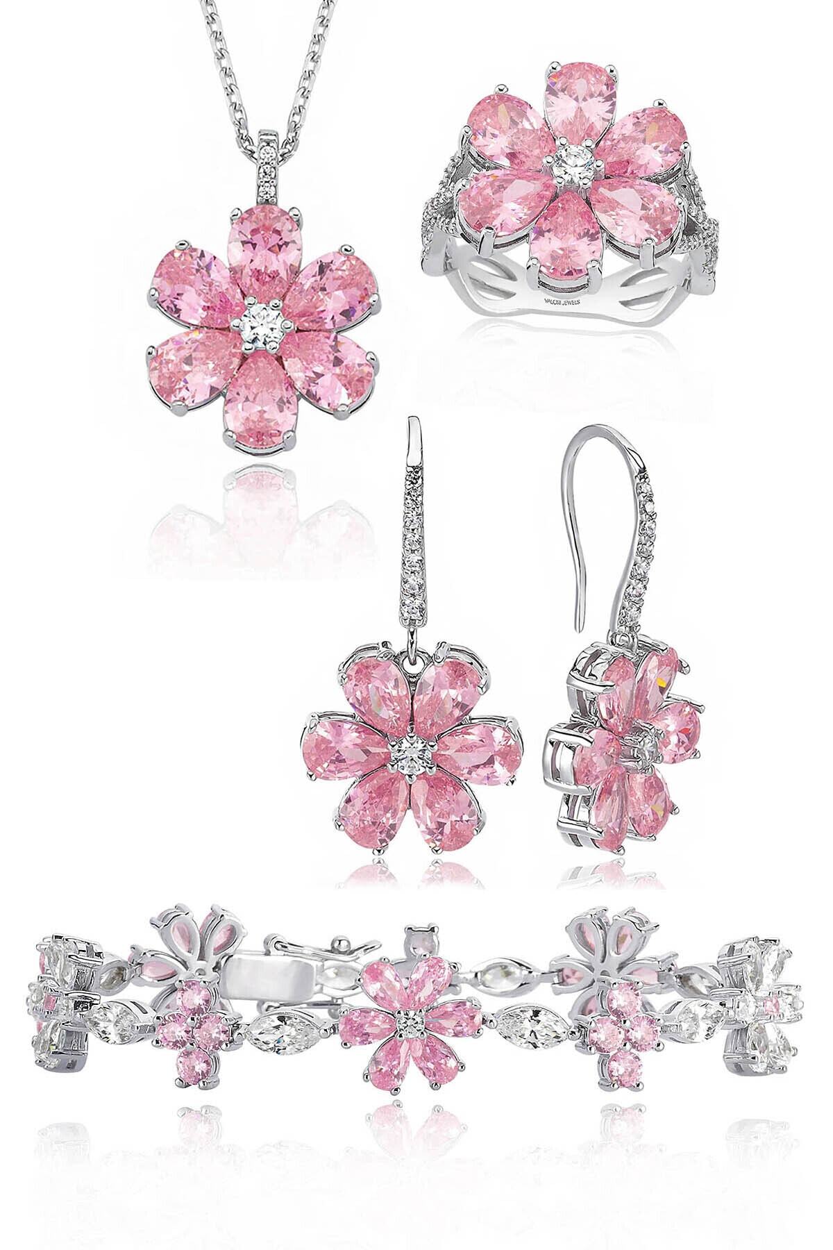 Valori Jewels 20 Karat Zirkon Pembe Ve Beyaz Damla Taşlı, Gümüş Çiçek Set