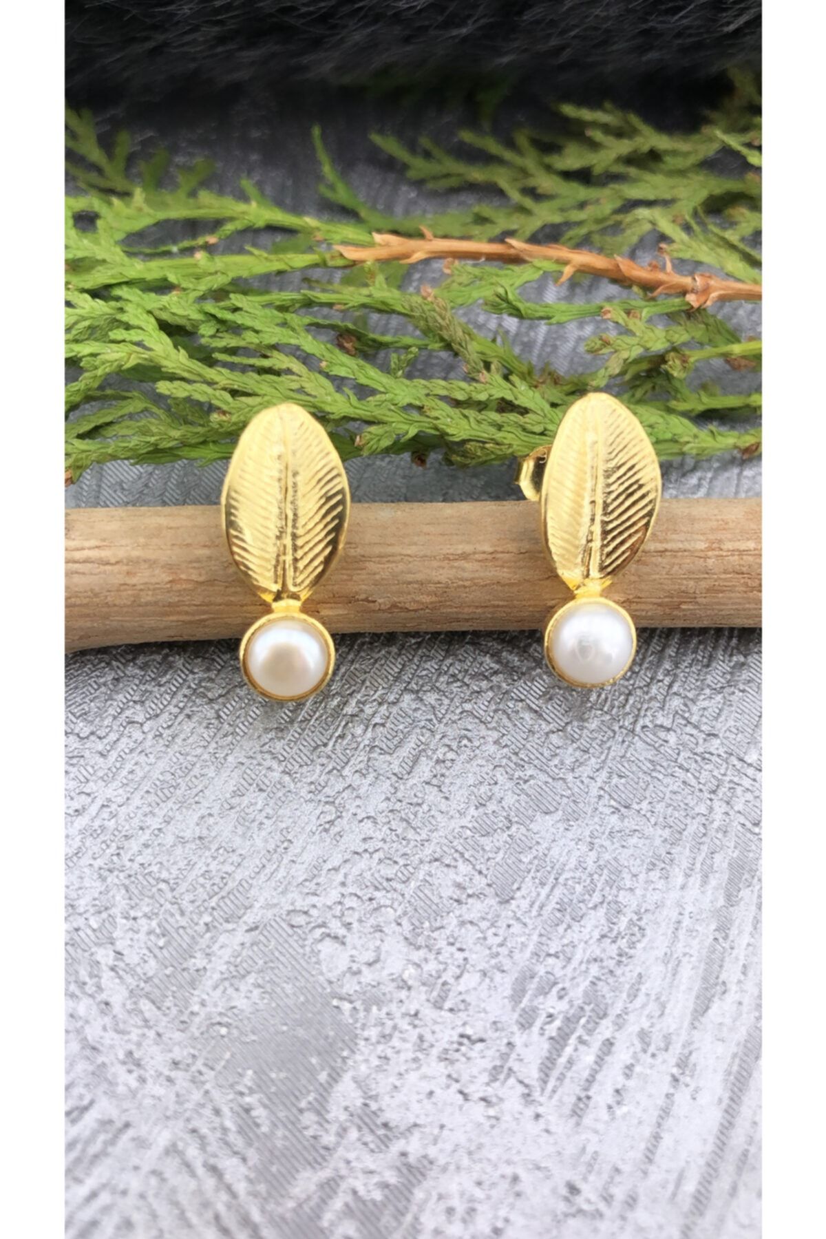 Joel Jewelry El Yapımı Inci Taşlı Dal Model Altın Kaplama 925 Ayar Gümüş Küpe