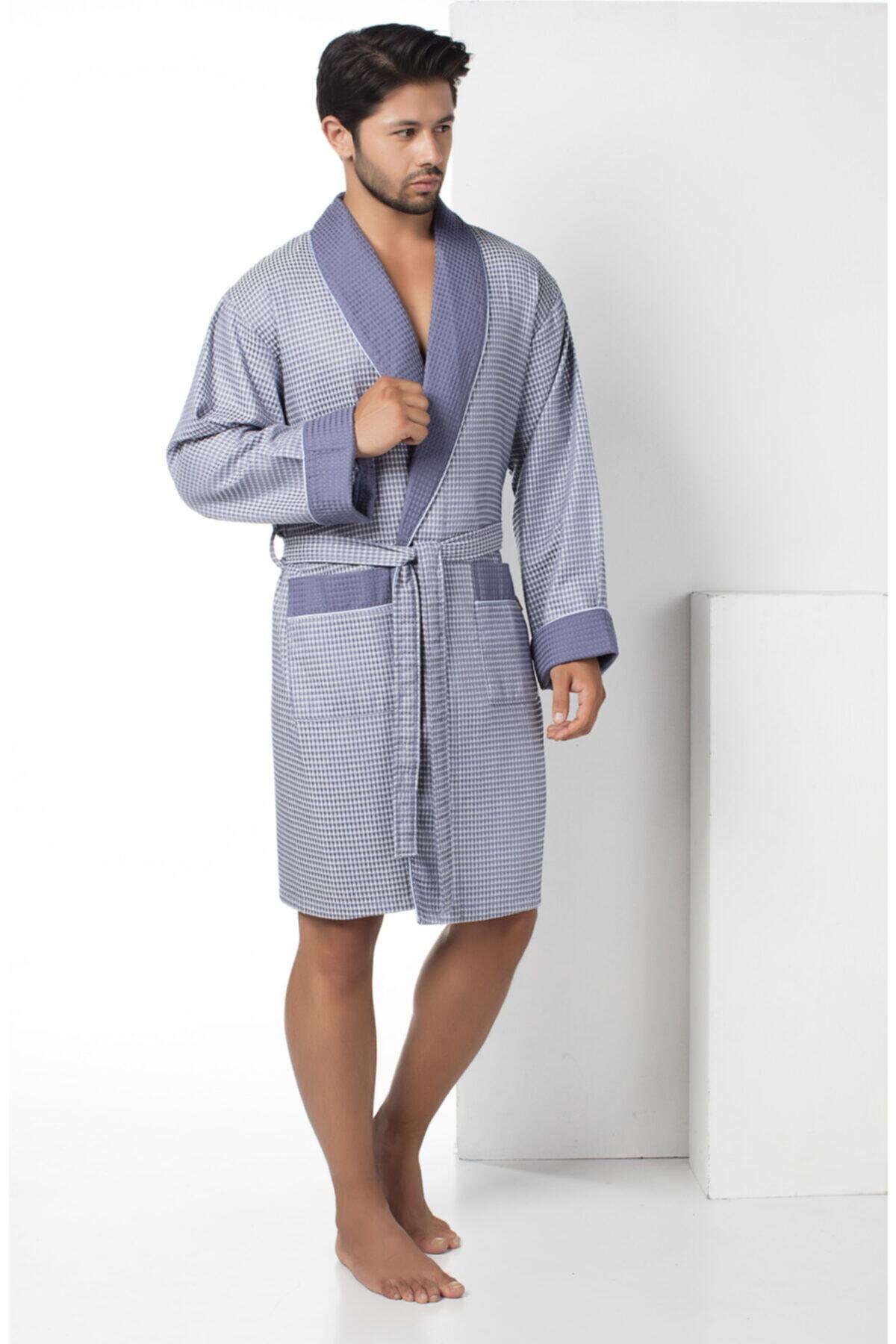 Nuşa Füme Kısa Şalyaka Kareli Pike Bambo Cotton Erkek Sabahlık