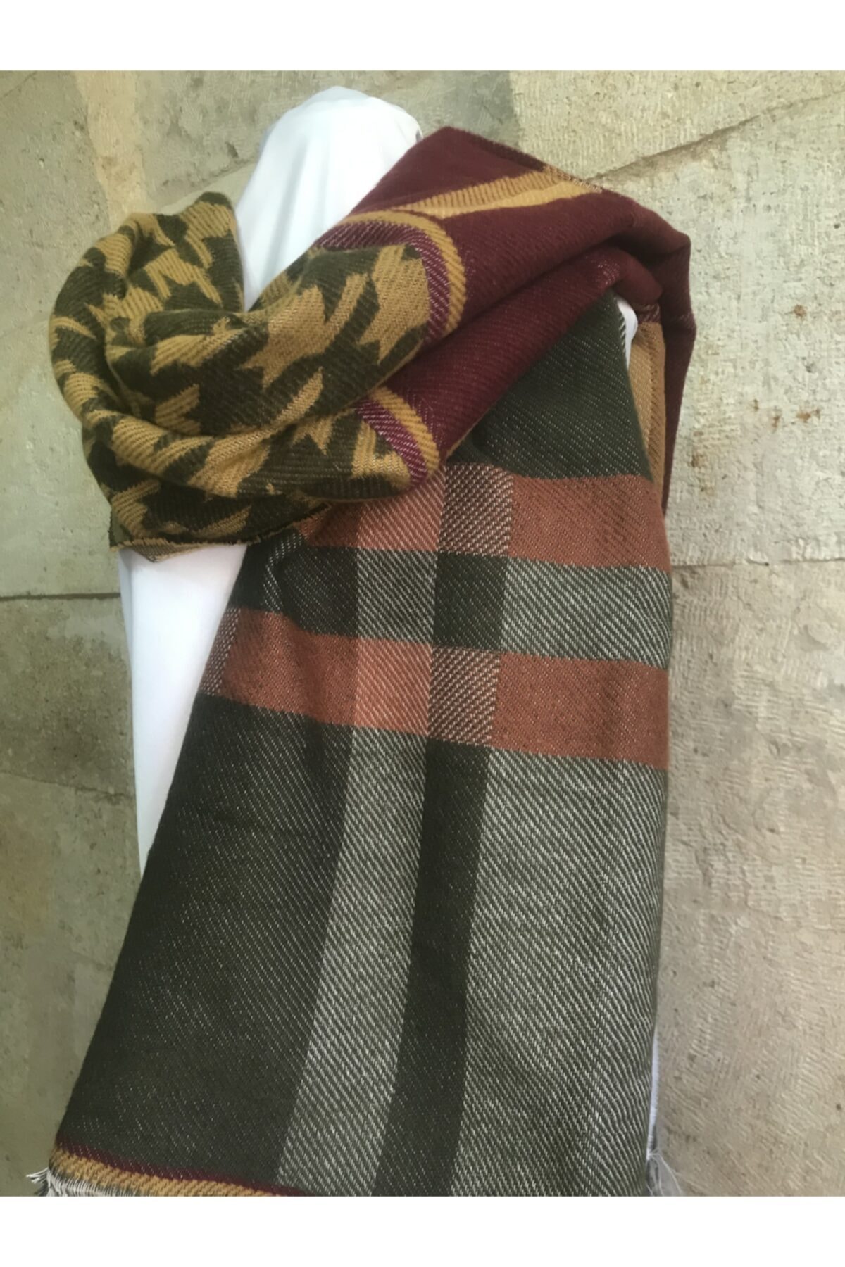 Ebru Sanat Evi Unisex Yeşil Ekoseli Yünlü Atkı