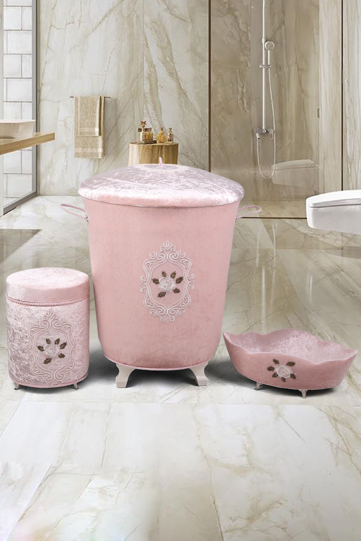Bonny Home Shems Pudra 3lü Kadife Çeyizlik Dantelli Banyo Kirli Çamaşır Sepeti Seti
