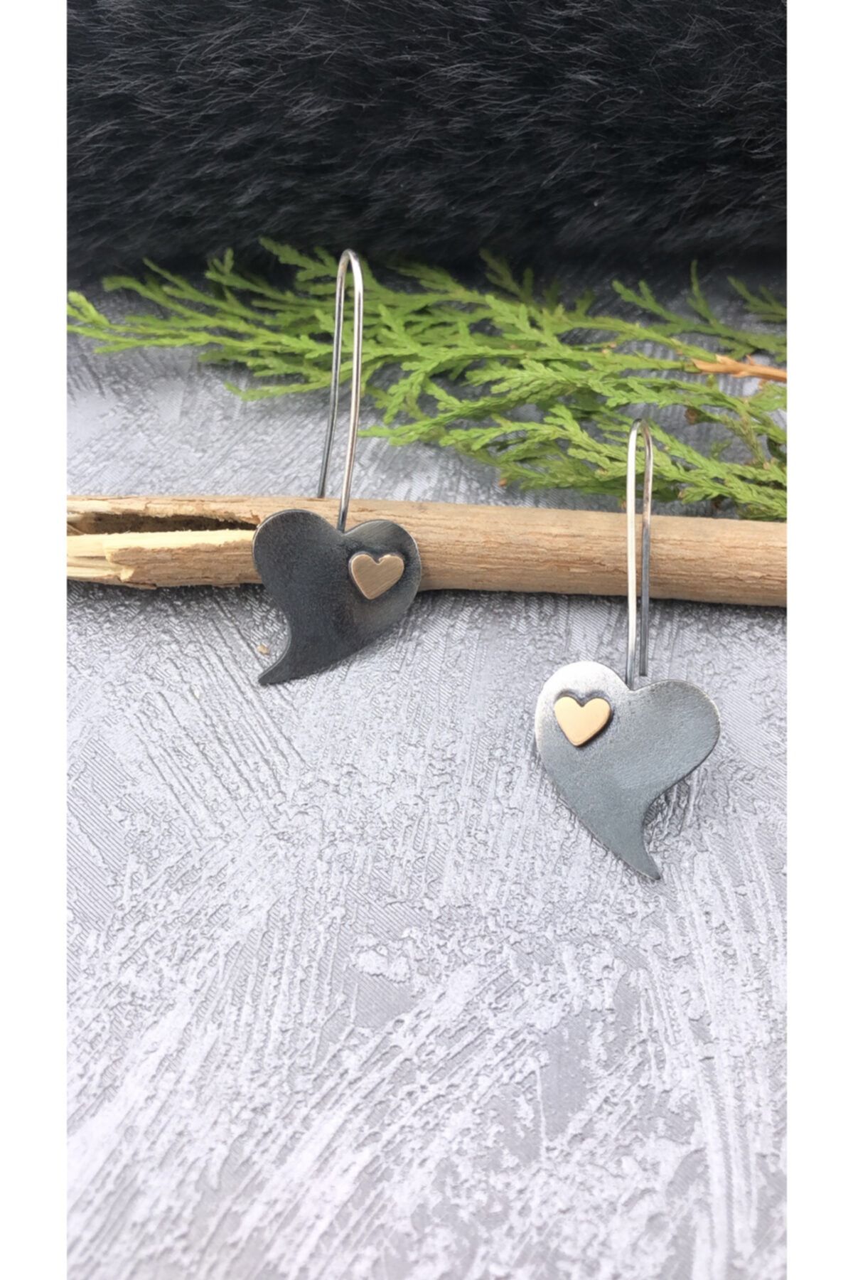 Joel Jewelry El Yapımı Oksitli Ikili Kalp Model 925 Ayar Gümüş Küpe