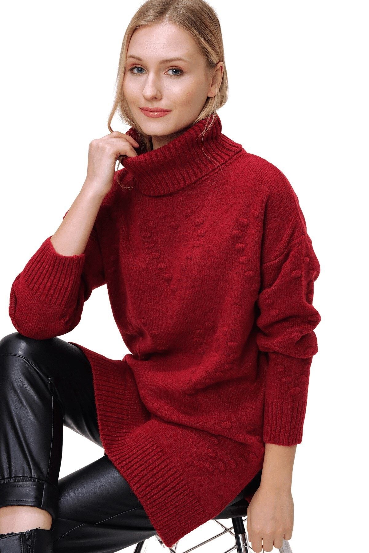butikburuç Kadın Bordo Kalp Ponpon Desen Triko Boğazlı Tunik