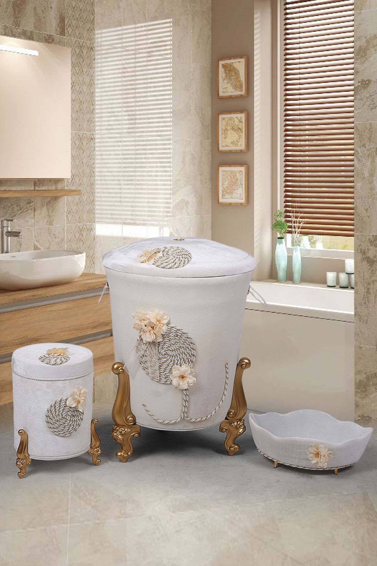 Bonny Home Matmazel Krem 3lü Kadife Banyo Seti Kirli Çamaşır Sepeti Takımı