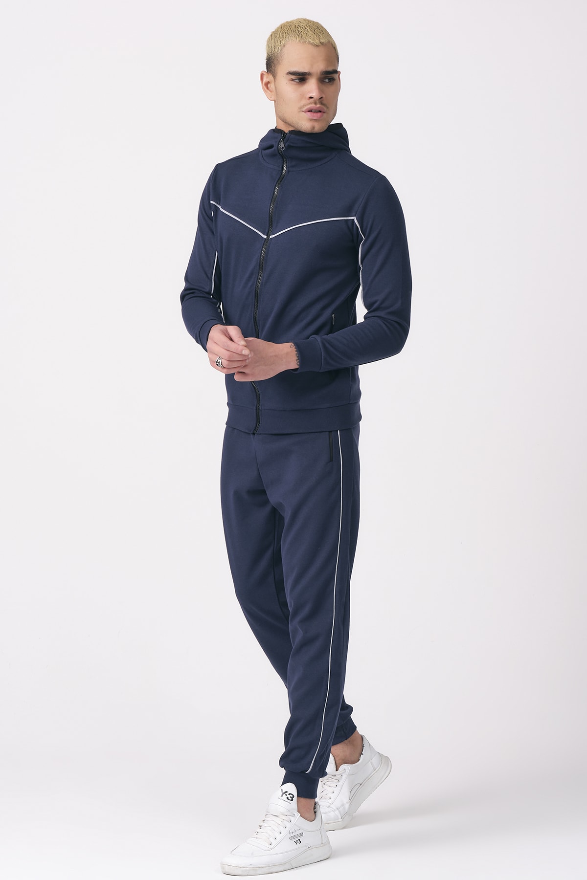 KREPP Erkek Tam Fermuarlı Kapüşonlu Düz Cepli Çizgili Eşofman Takımı 119