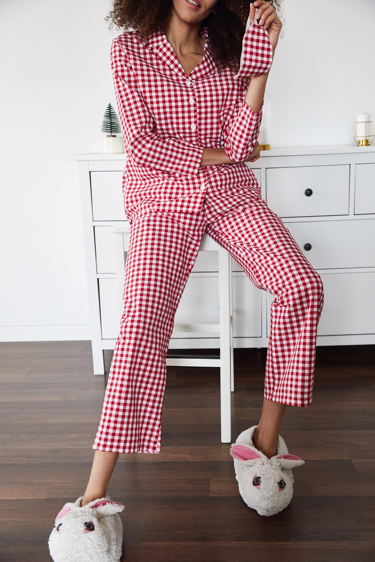 XENA Kadın Kırmızı Göz Bantlı Kareli Dokuma Pijama Takımı 1KZK8-11316-04