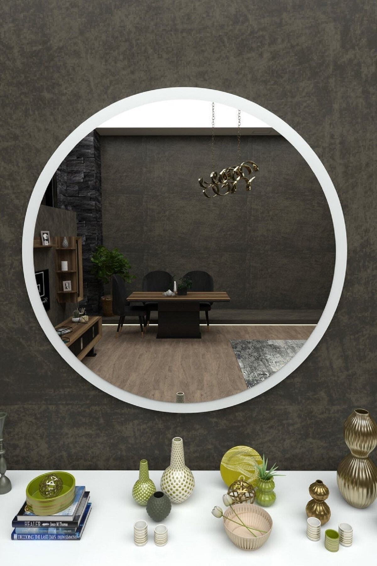 DFN WOOD Beyaz Mdf Yuvarlak Duvar Salon Banyo Aynası 70 Cm Çap