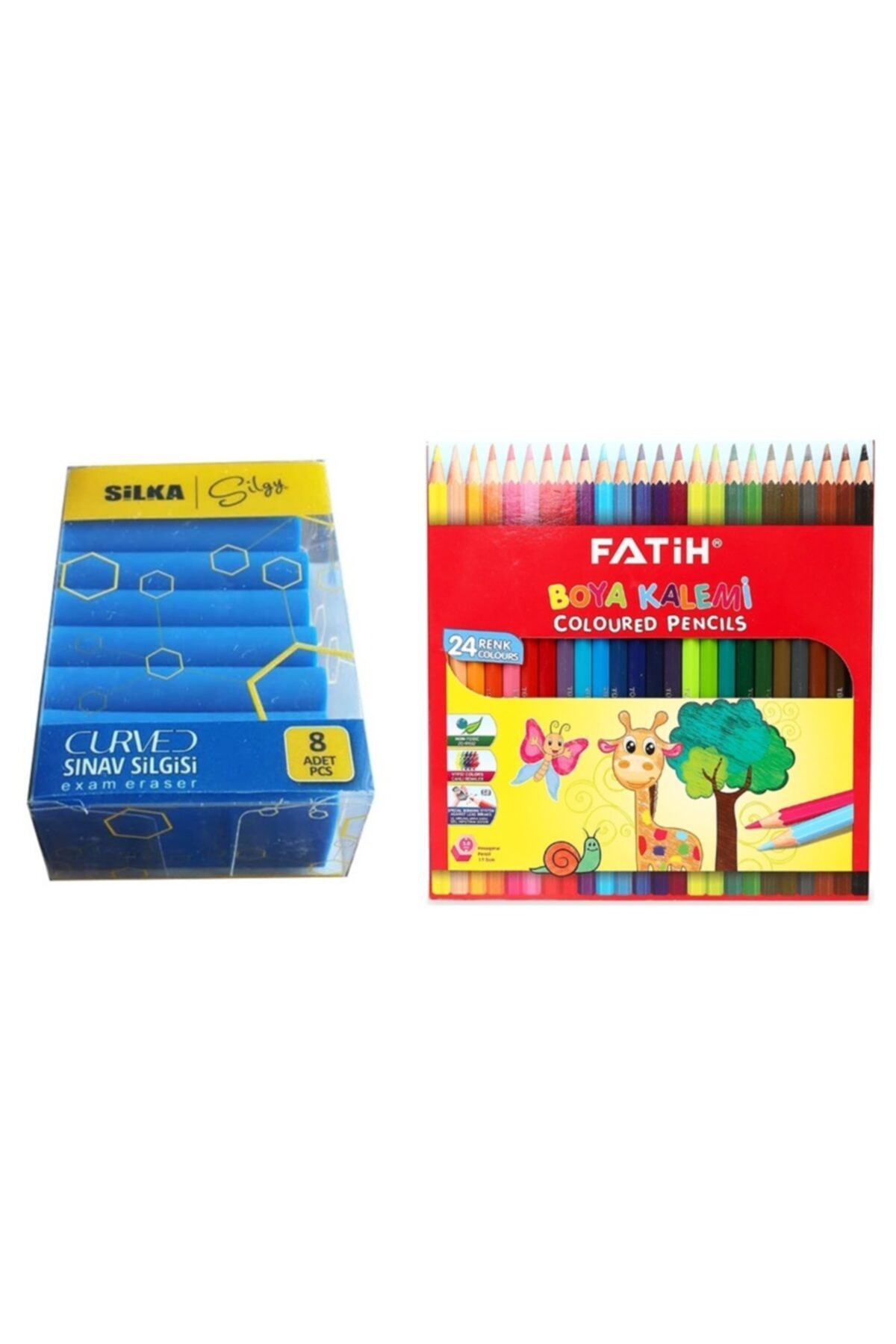 Mahi Max Fatih 24 Renk Tam Boy Kuru Boya Kalemi + Silka Curved 8'li Mavi Sınav Silgisi