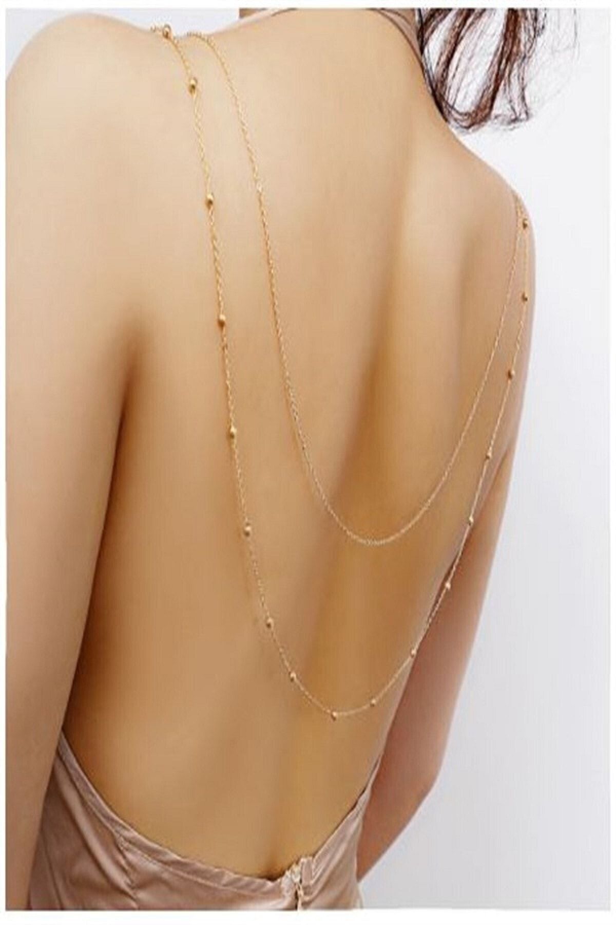 Chance Accessories 2'li Mini Top Boncuklu Ve Dore Zincirli Trend Sırt Kolyesi Vücut Zinciri Sırt Takısı