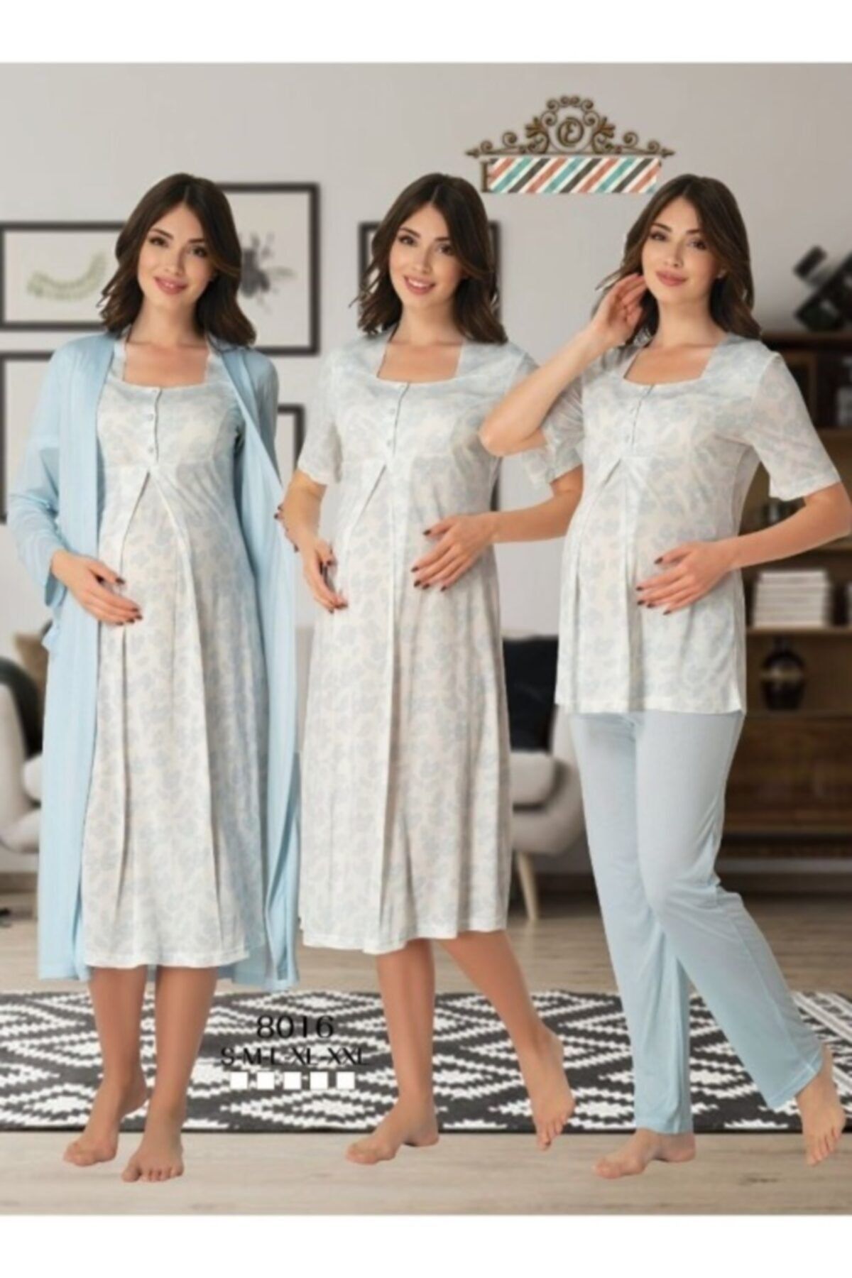 kaktüslohusa Kadın Mavi Gecelik Sabahlık Pijama Takımı Lohusa Hamile Set 8016