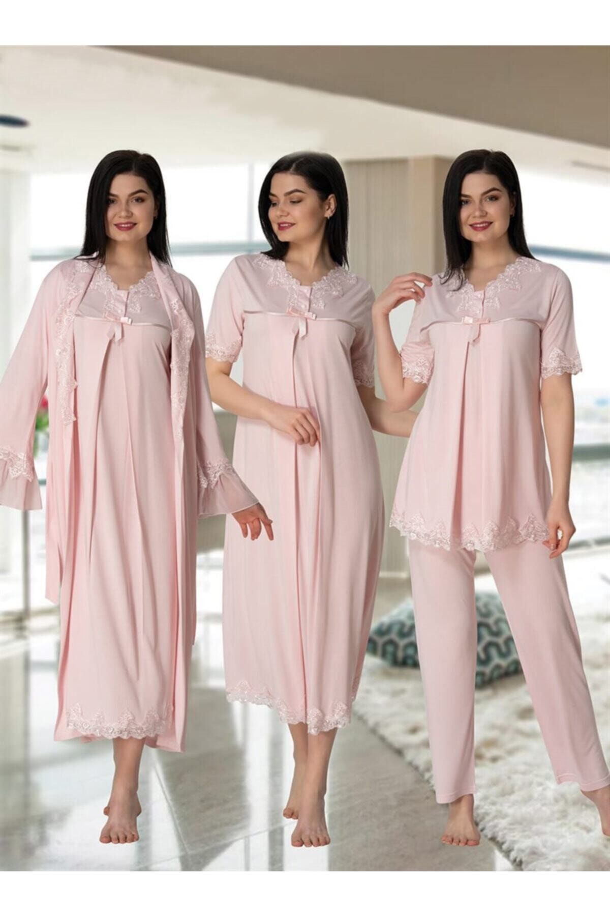 kaktüslohusa Effort Kadın Pembe Lohusa Hamile Gecelik Sabahlık Pijama Takımı 4'lü Set 5036