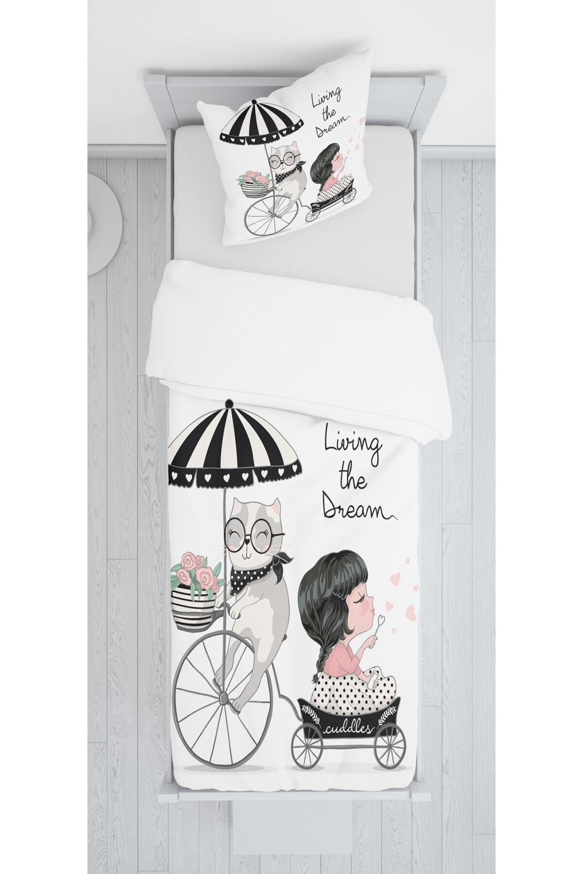 SEWINLAND Decoars Kız Ve Kedi Figürlü Kadife Yatak Örtüsü Yastık Kılıfı Hediyeli