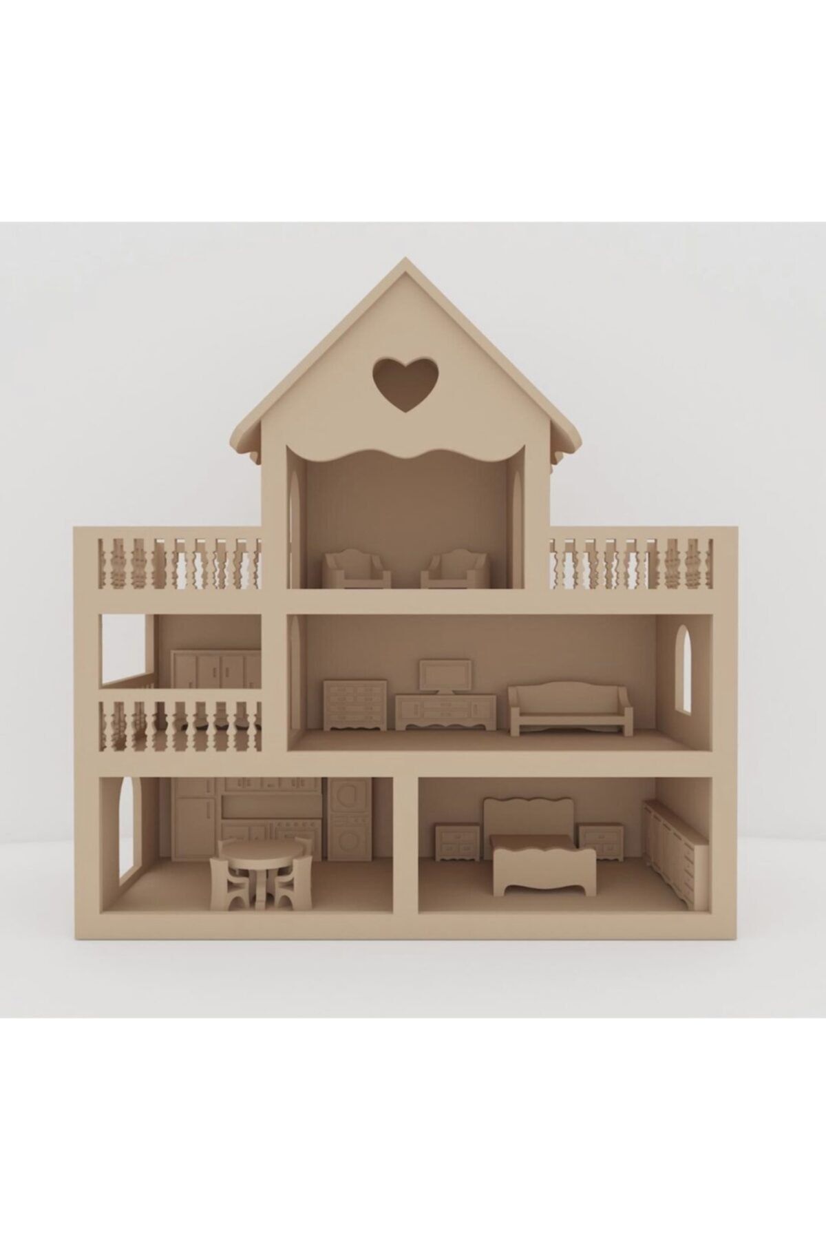 ZİPHİDA Oyuncak Büyük Ahşap Mdf Ev 53 Cm Mobilyalı 16 Parça Eşyalı